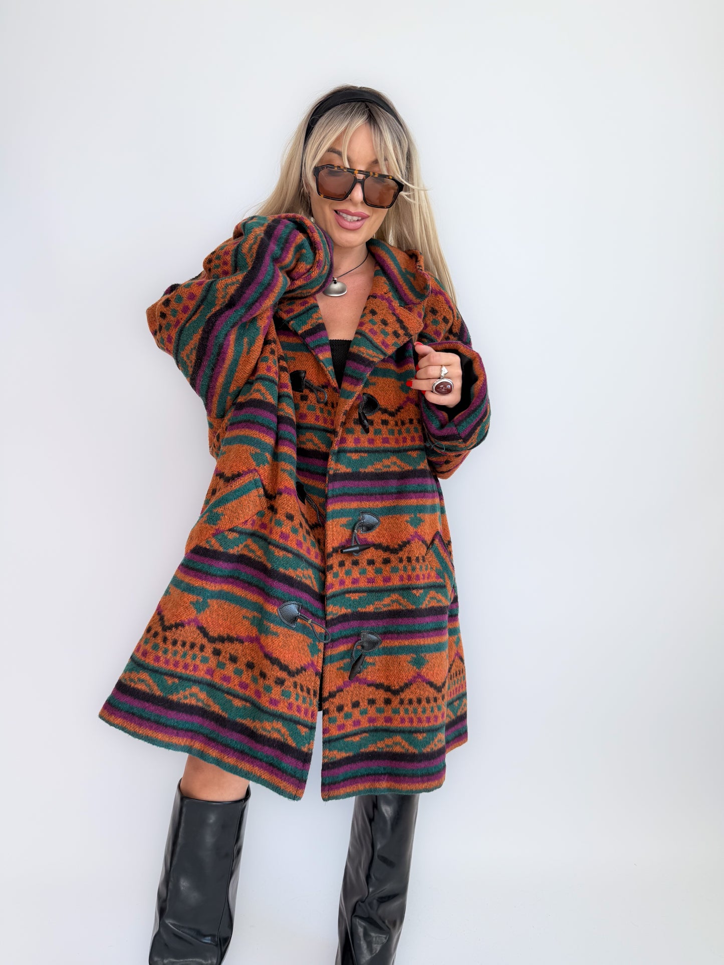 Oversized Aztec Print Vintage Coat – Southwestern Wool Statement Jacket XL-XXL