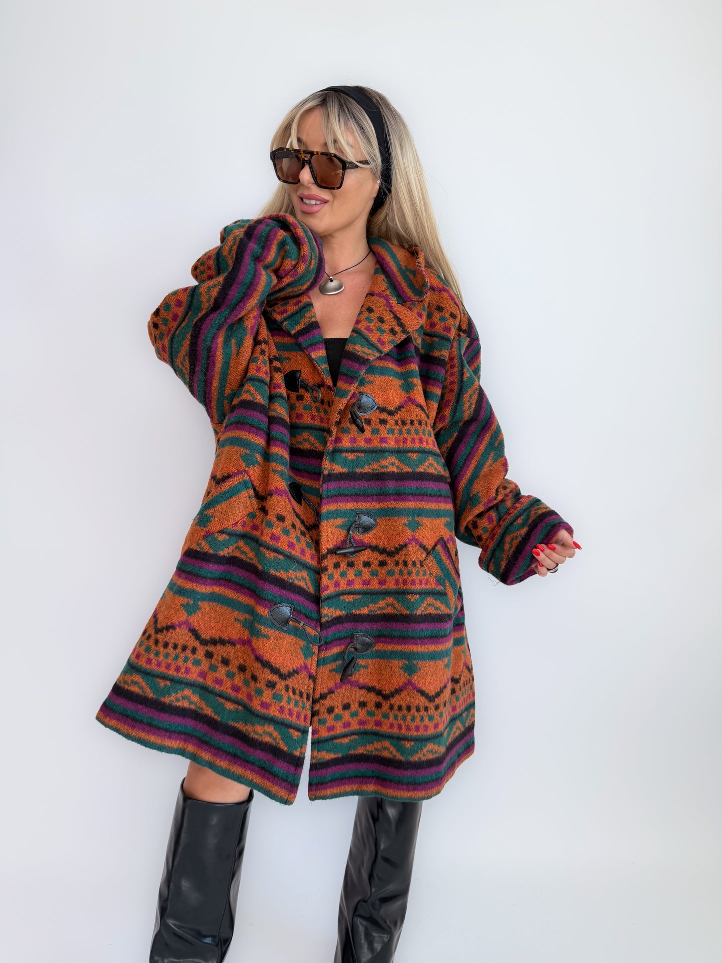 Oversized Aztec Print Vintage Coat – Southwestern Wool Statement Jacket XL-XXL
