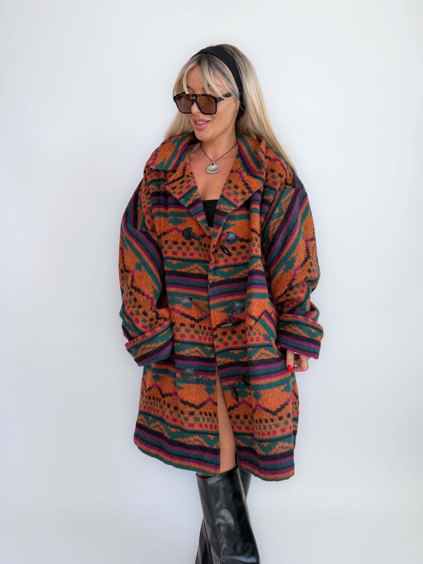 Oversized Aztec Print Vintage Coat – Southwestern Wool Statement Jacket XL-XXL