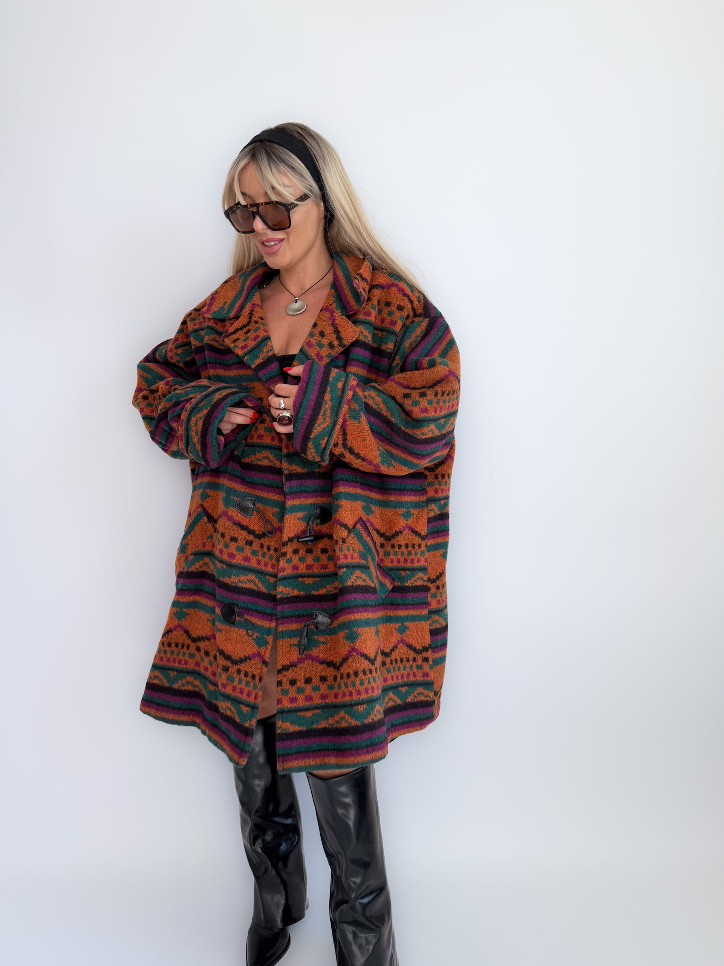 Oversized Aztec Print Vintage Coat – Southwestern Wool Statement Jacket XL-XXL