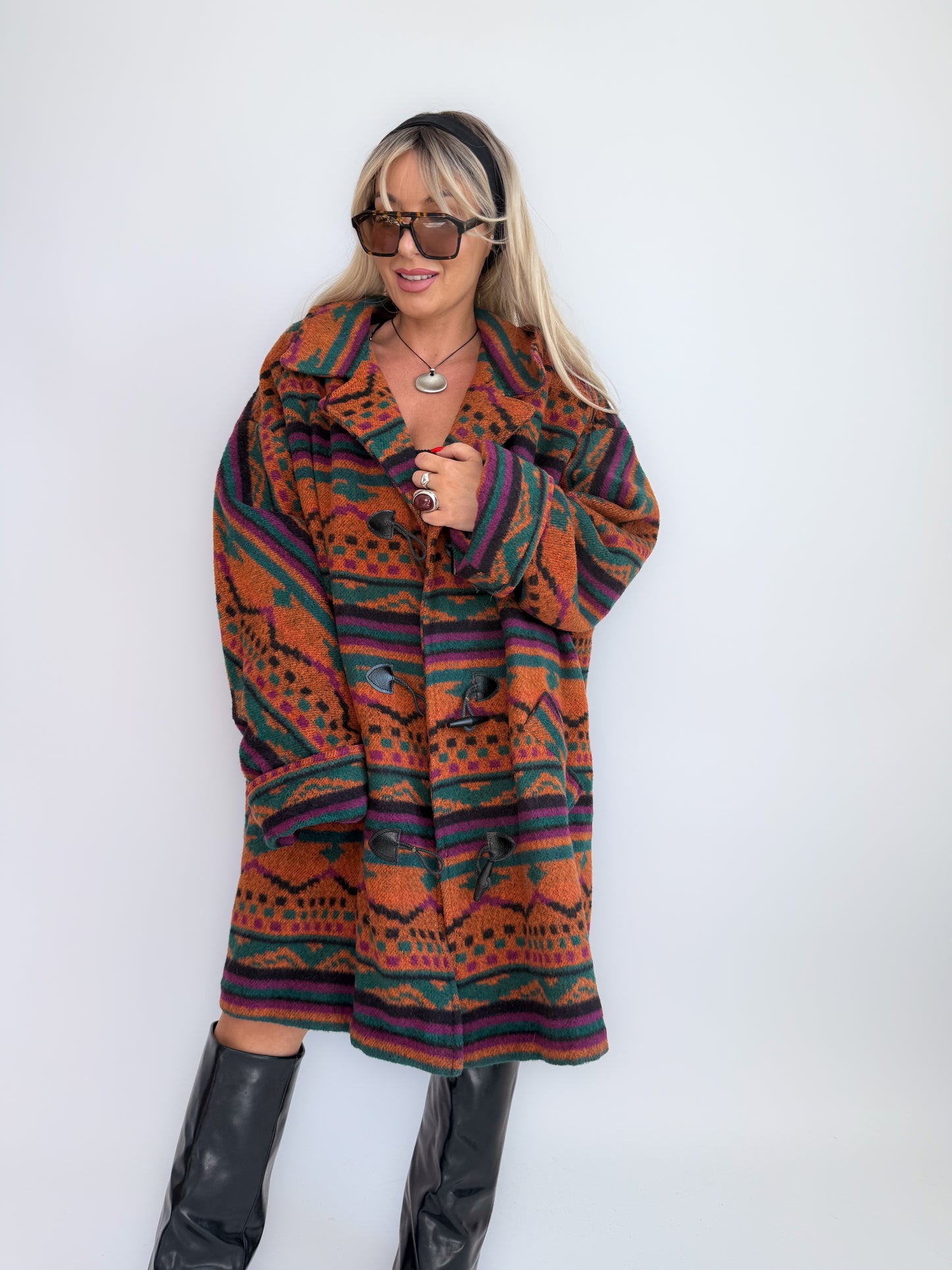 Oversized Aztec Print Vintage Coat – Southwestern Wool Statement Jacket XL-XXL