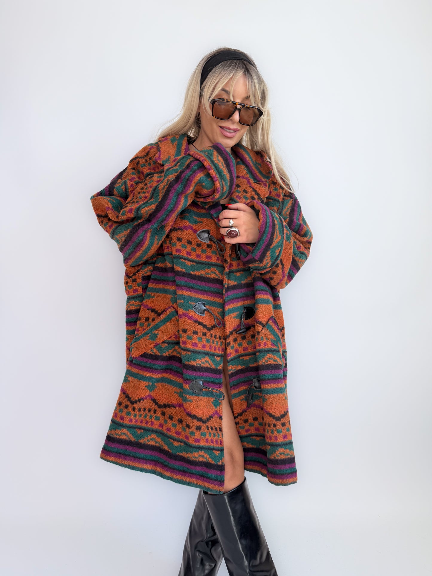 Oversized Aztec Print Vintage Coat – Southwestern Wool Statement Jacket XL-XXL