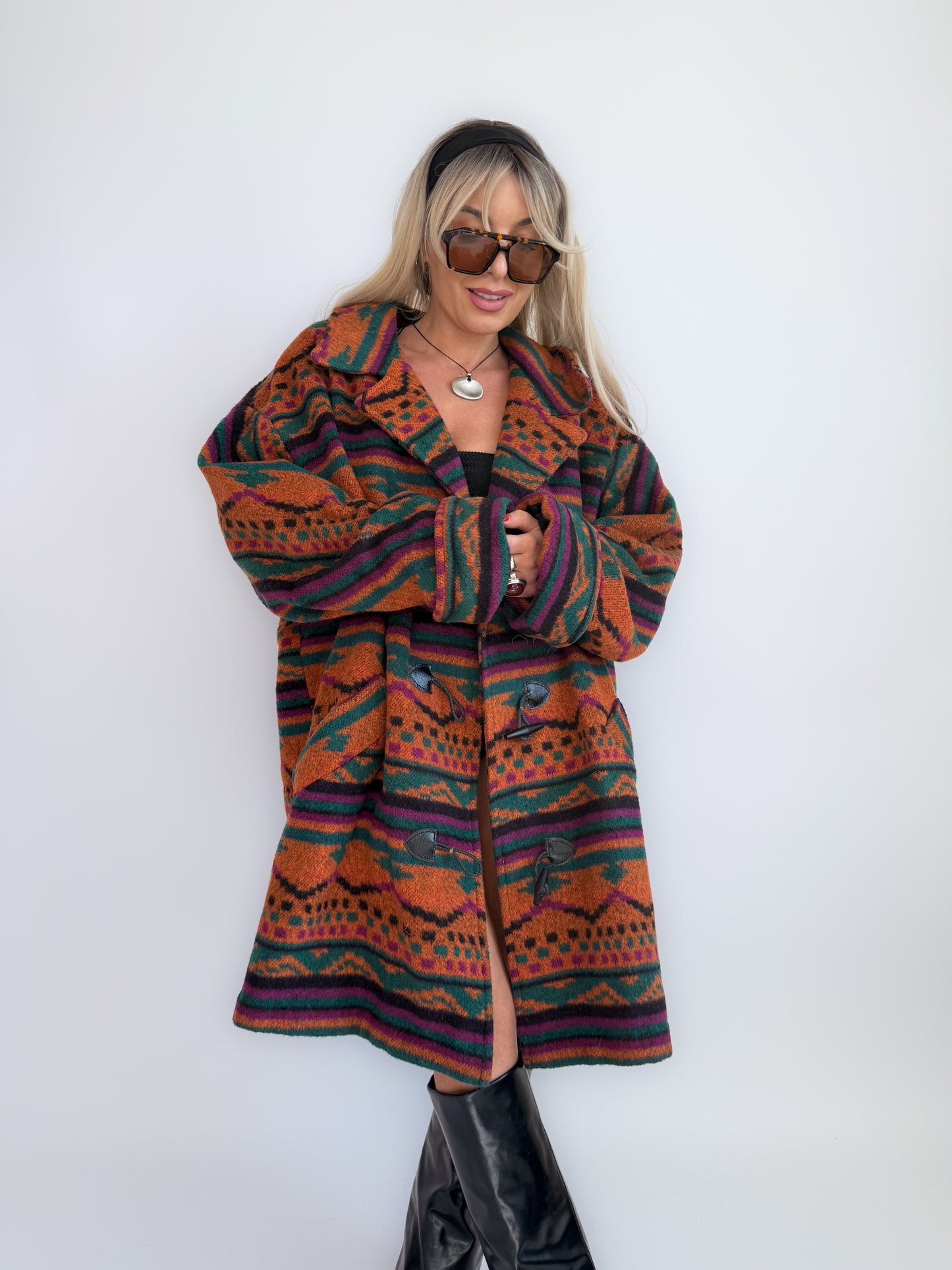 Oversized Aztec Print Vintage Coat – Southwestern Wool Statement Jacket XL-XXL