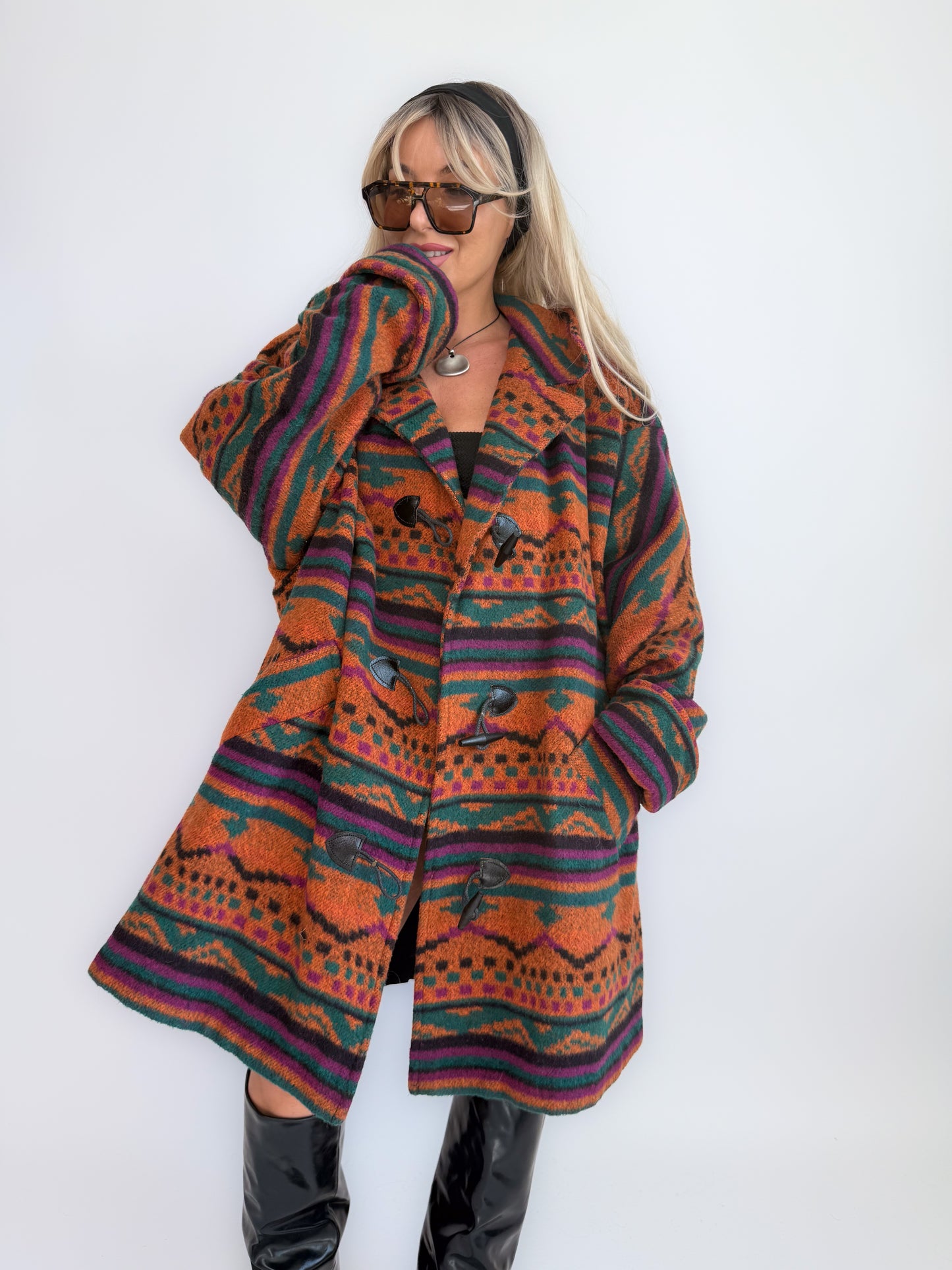 Oversized Aztec Print Vintage Coat – Southwestern Wool Statement Jacket XL-XXL