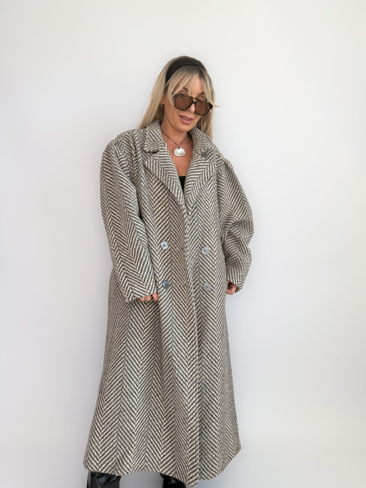 Vintage 90s Oversized Herringbone Full Length Wool Blend Coat – Plus Size Grey Long Winter Jacket XL-XXL