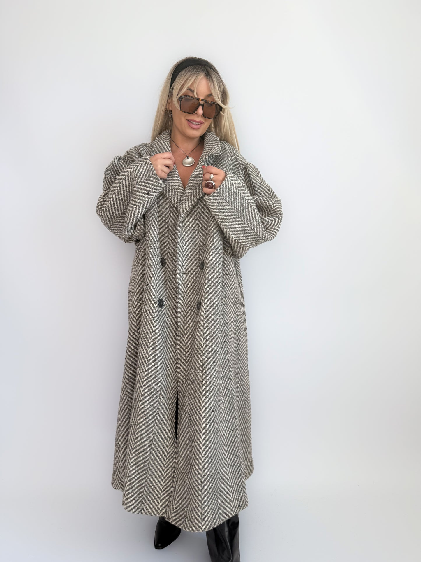 Vintage 90s Oversized Herringbone Full Length Wool Blend Coat – Plus Size Grey Long Winter Jacket XL-XXL