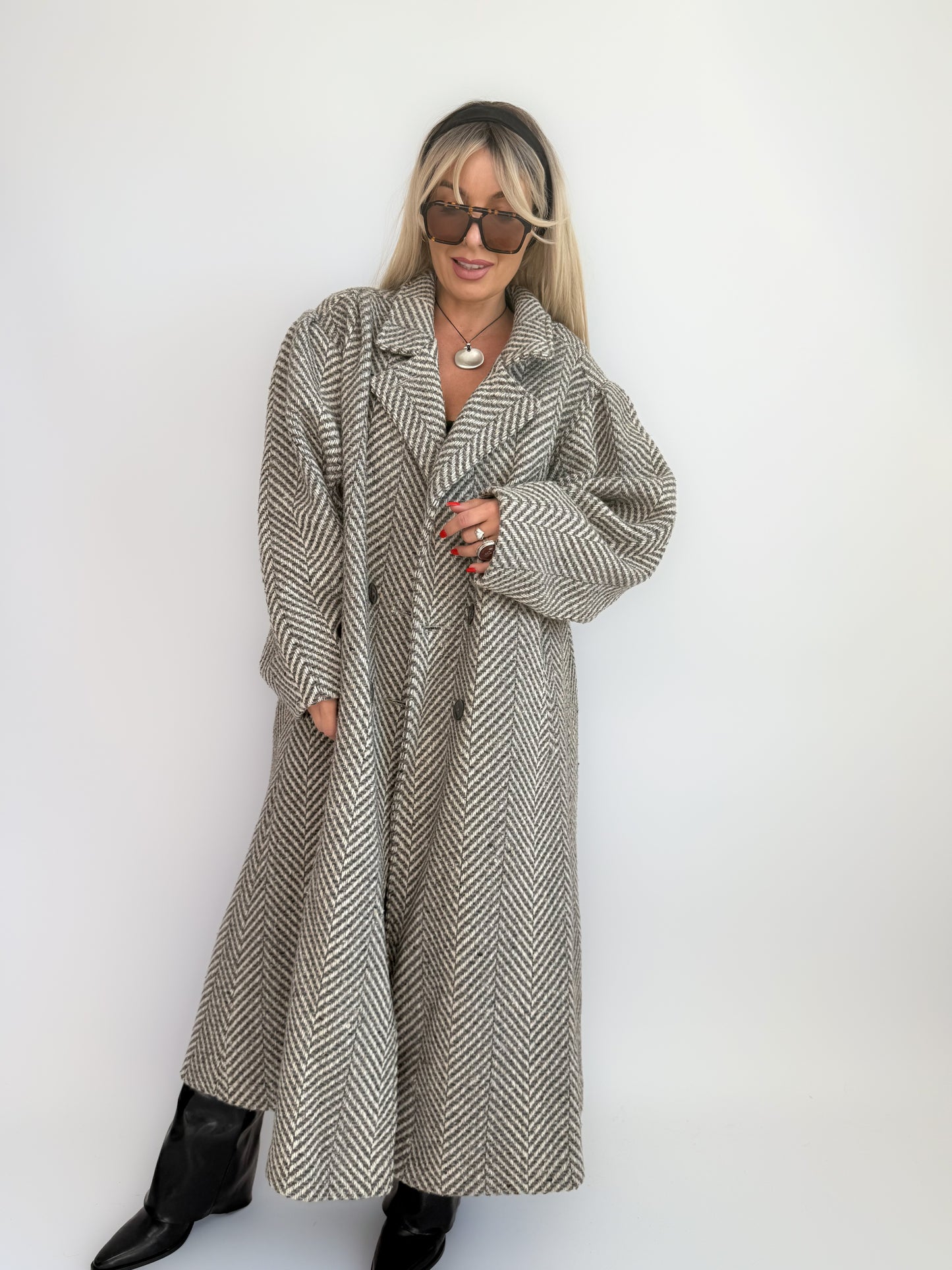Vintage 90s Oversized Herringbone Full Length Wool Blend Coat – Plus Size Grey Long Winter Jacket XL-XXL
