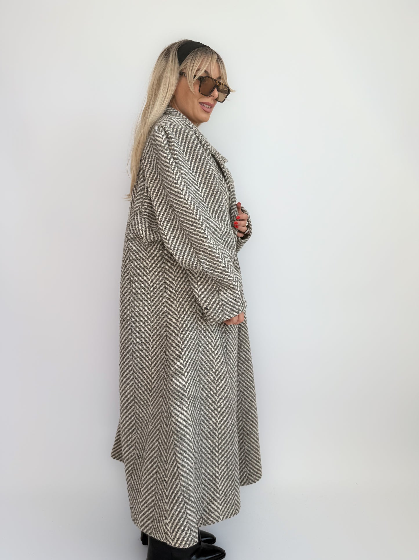 Vintage 90s Oversized Herringbone Full Length Wool Blend Coat – Plus Size Grey Long Winter Jacket XL-XXL