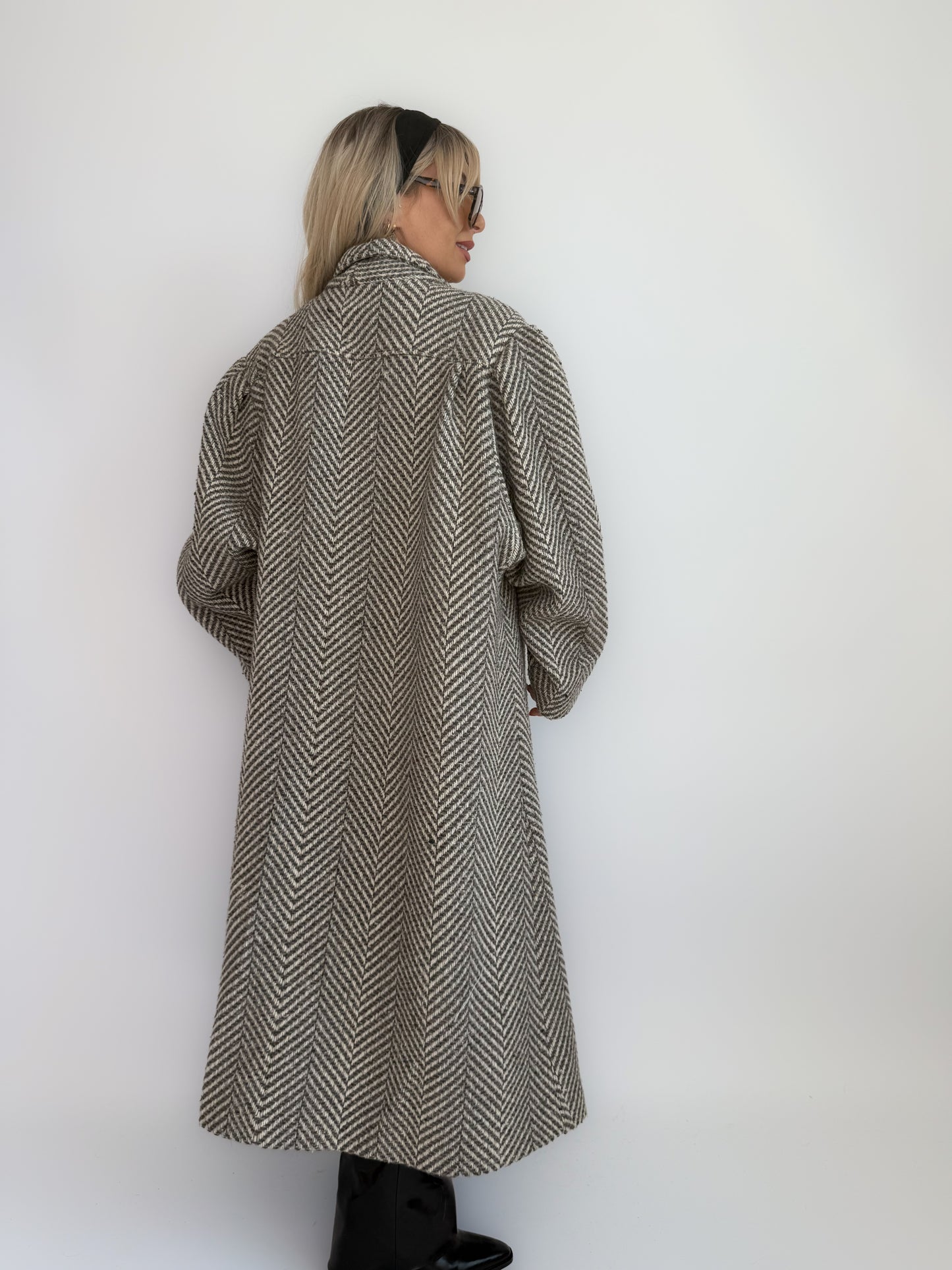 Vintage 90s Oversized Herringbone Full Length Wool Blend Coat – Plus Size Grey Long Winter Jacket XL-XXL