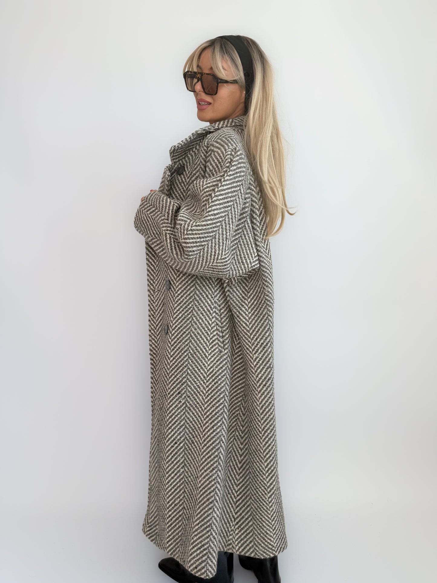 Vintage 90s Oversized Herringbone Full Length Wool Blend Coat – Plus Size Grey Long Winter Jacket XL-XXL