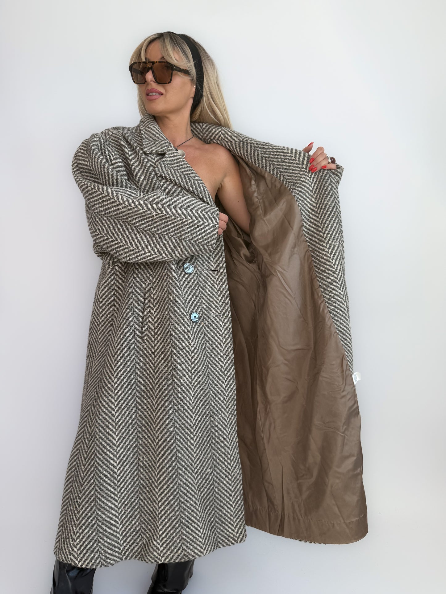 Vintage 90s Oversized Herringbone Full Length Wool Blend Coat – Plus Size Grey Long Winter Jacket XL-XXL