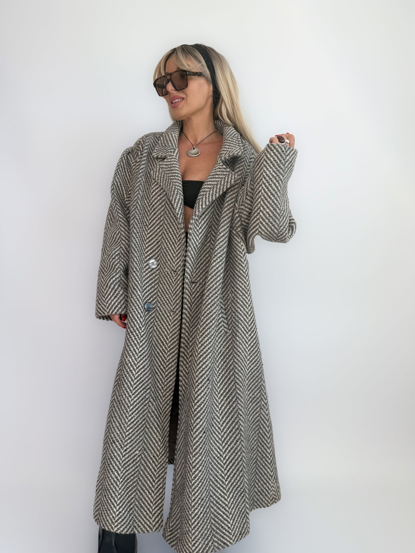 Vintage 90s Oversized Herringbone Full Length Wool Blend Coat – Plus Size Grey Long Winter Jacket XL-XXL