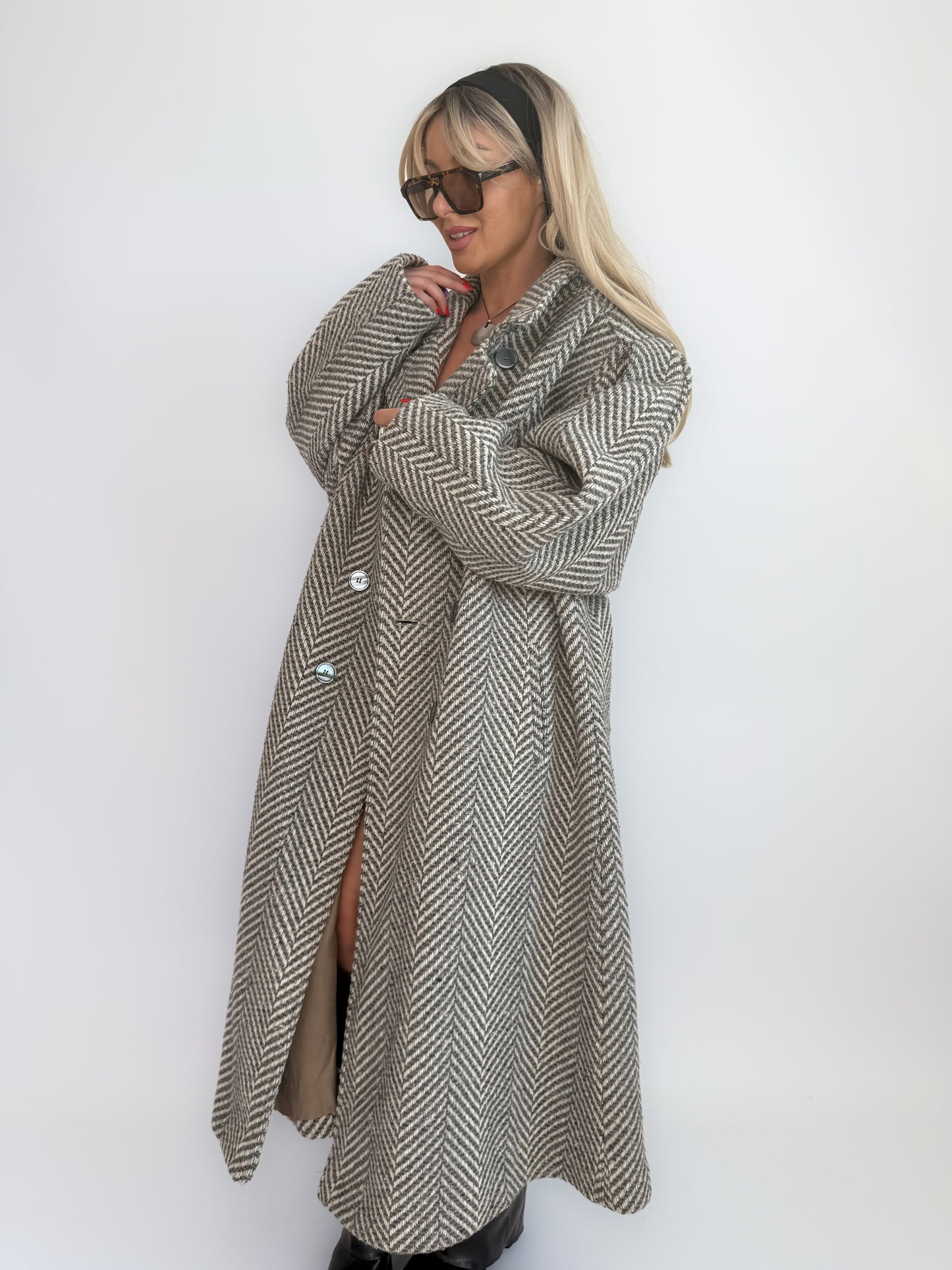 Vintage 90s Oversized Herringbone Full Length Wool Blend Coat – Plus Size Grey Long Winter Jacket XL-XXL