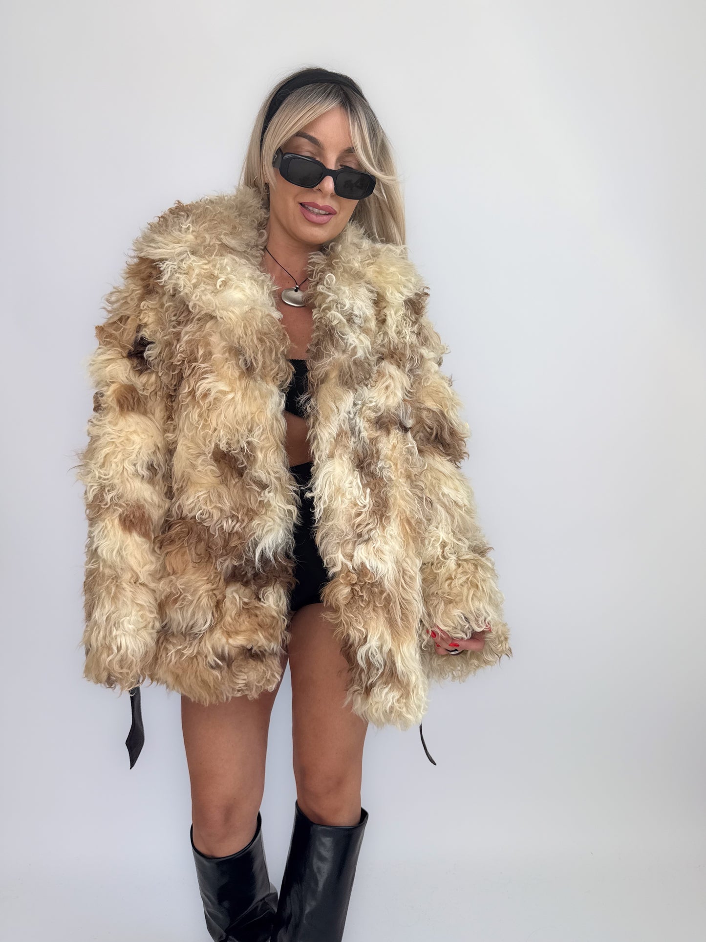 Vintage Ivory Lamb Fur Statement Coat with Waist Tie – Curly Sheepskin Winter Jacket S-M
