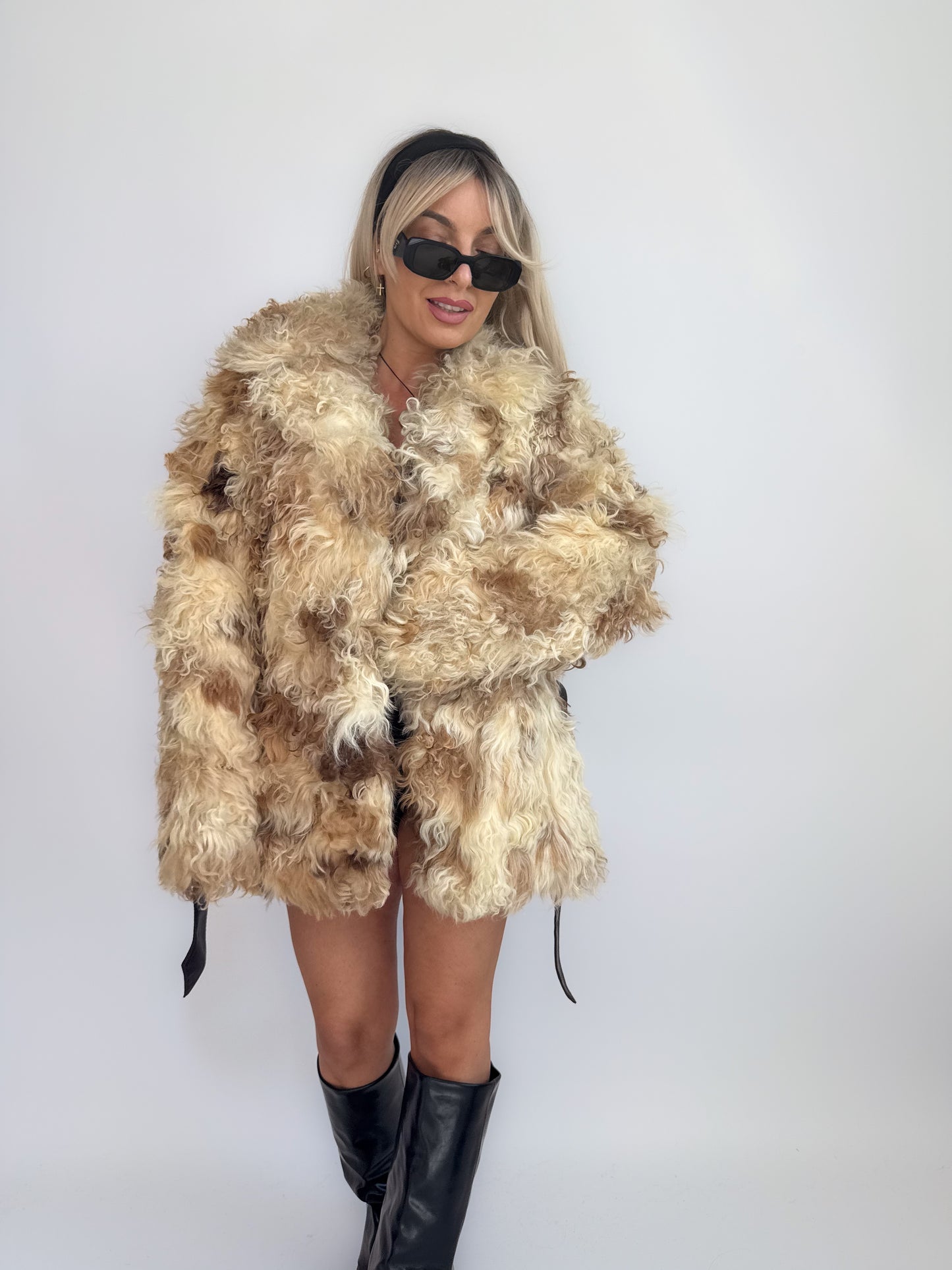 Vintage Ivory Lamb Fur Statement Coat with Waist Tie – Curly Sheepskin Winter Jacket S-M
