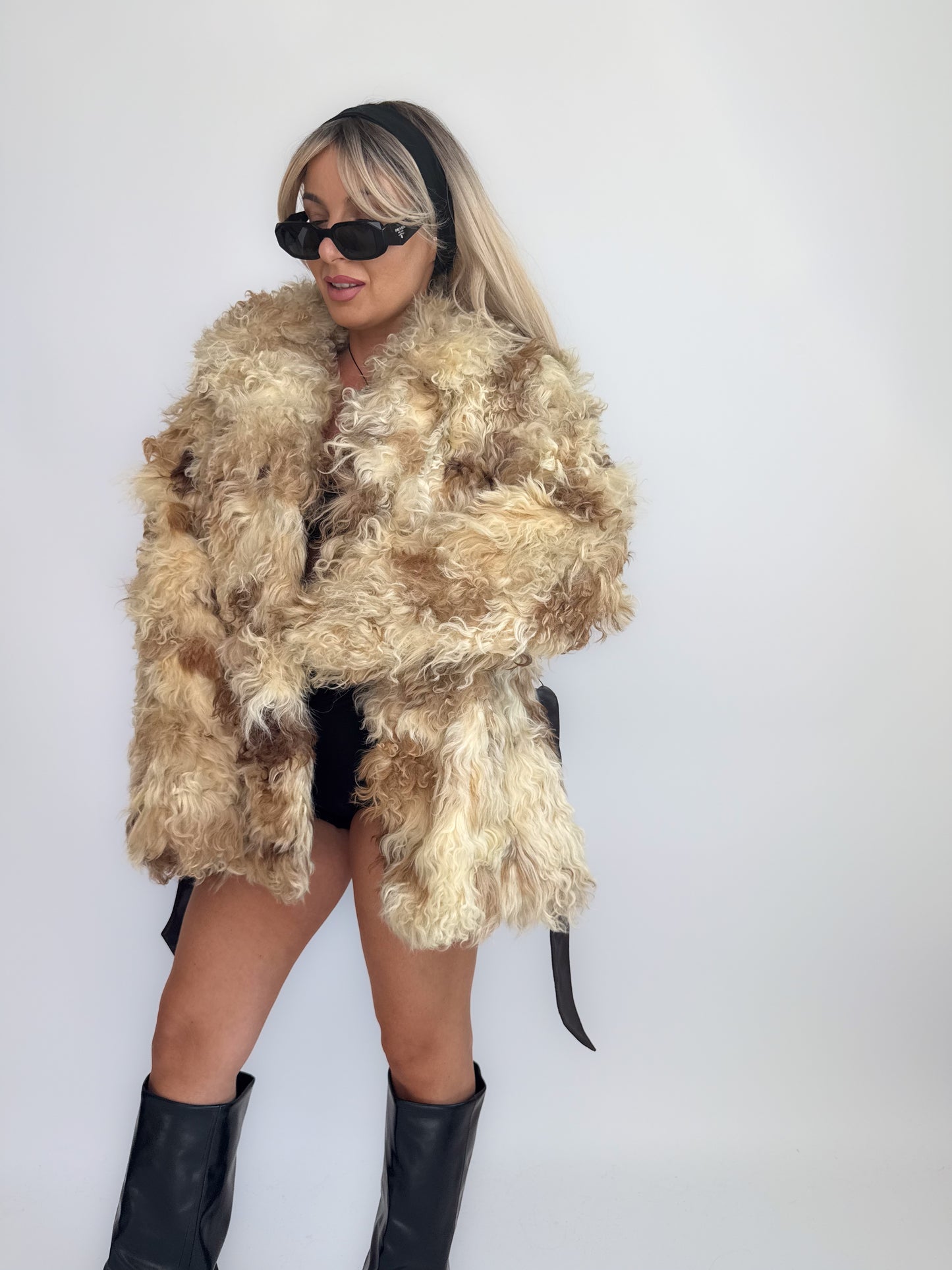 Vintage Ivory Lamb Fur Statement Coat with Waist Tie – Curly Sheepskin Winter Jacket S-M