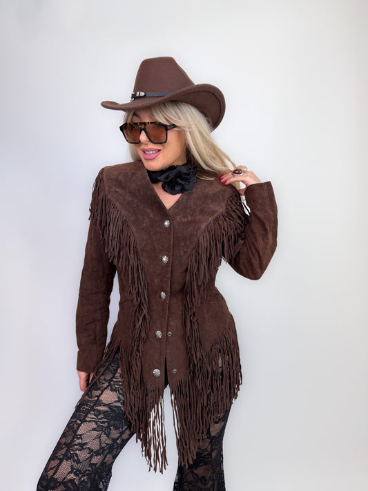Vintage Brown Natural Suede Mid Length Fringe Jacket S