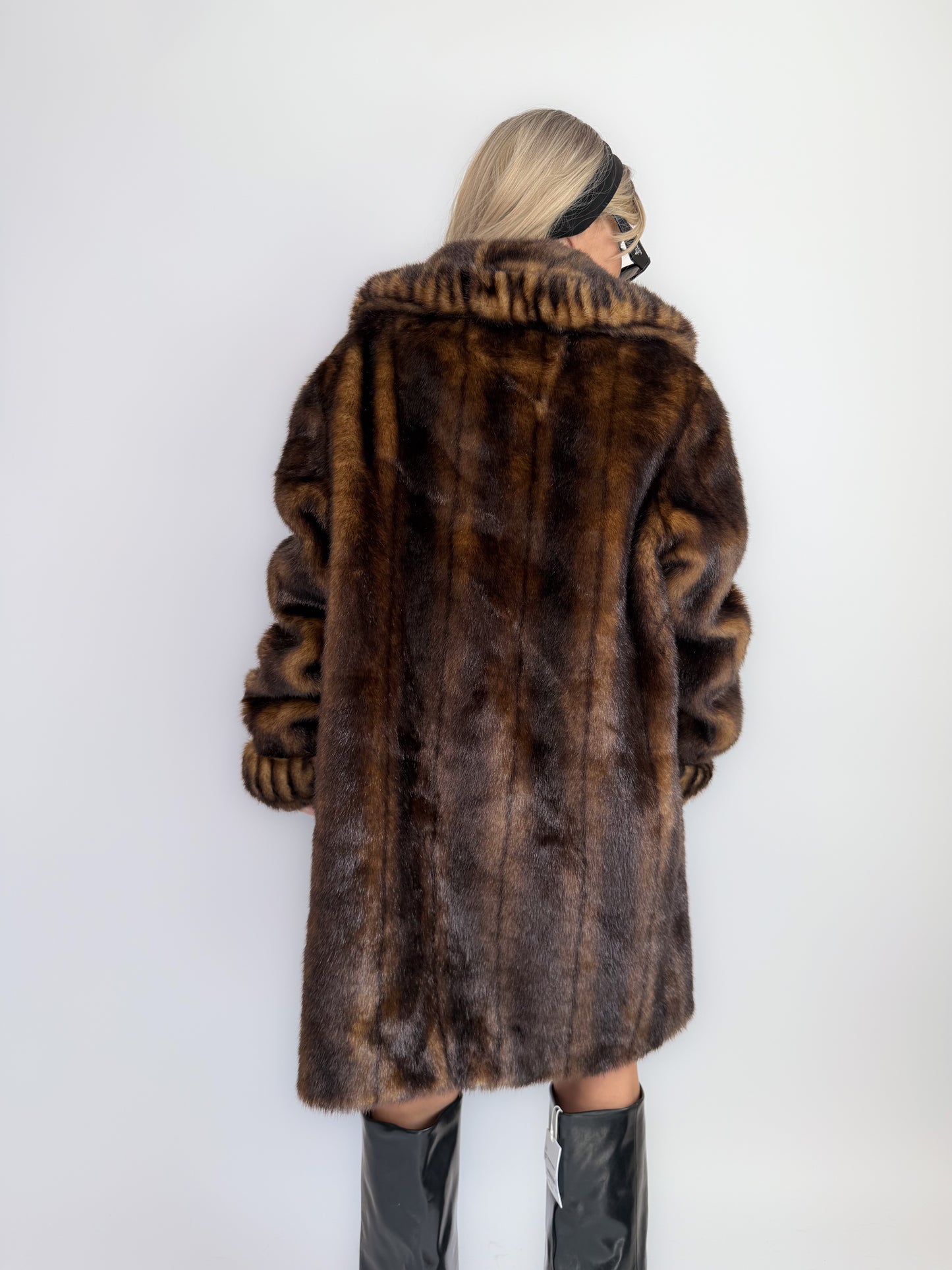Vintage 90s Faux Fur Coat Brown-Mob Wife Energy Winter Jacket - Y2K Mink Fox Look Winter Jacket Coat L-XL