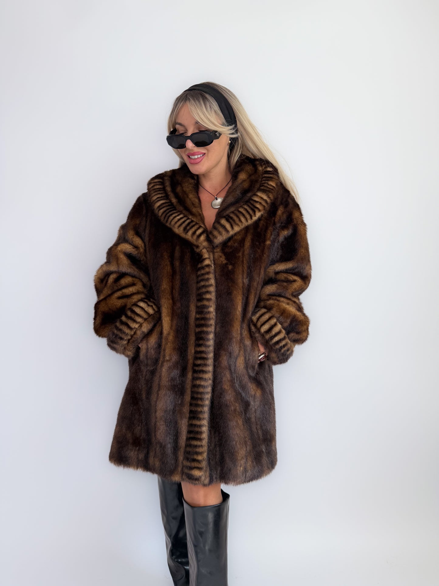 Vintage 90s Faux Fur Coat Brown-Mob Wife Energy Winter Jacket - Y2K Mink Fox Look Winter Jacket Coat L-XL