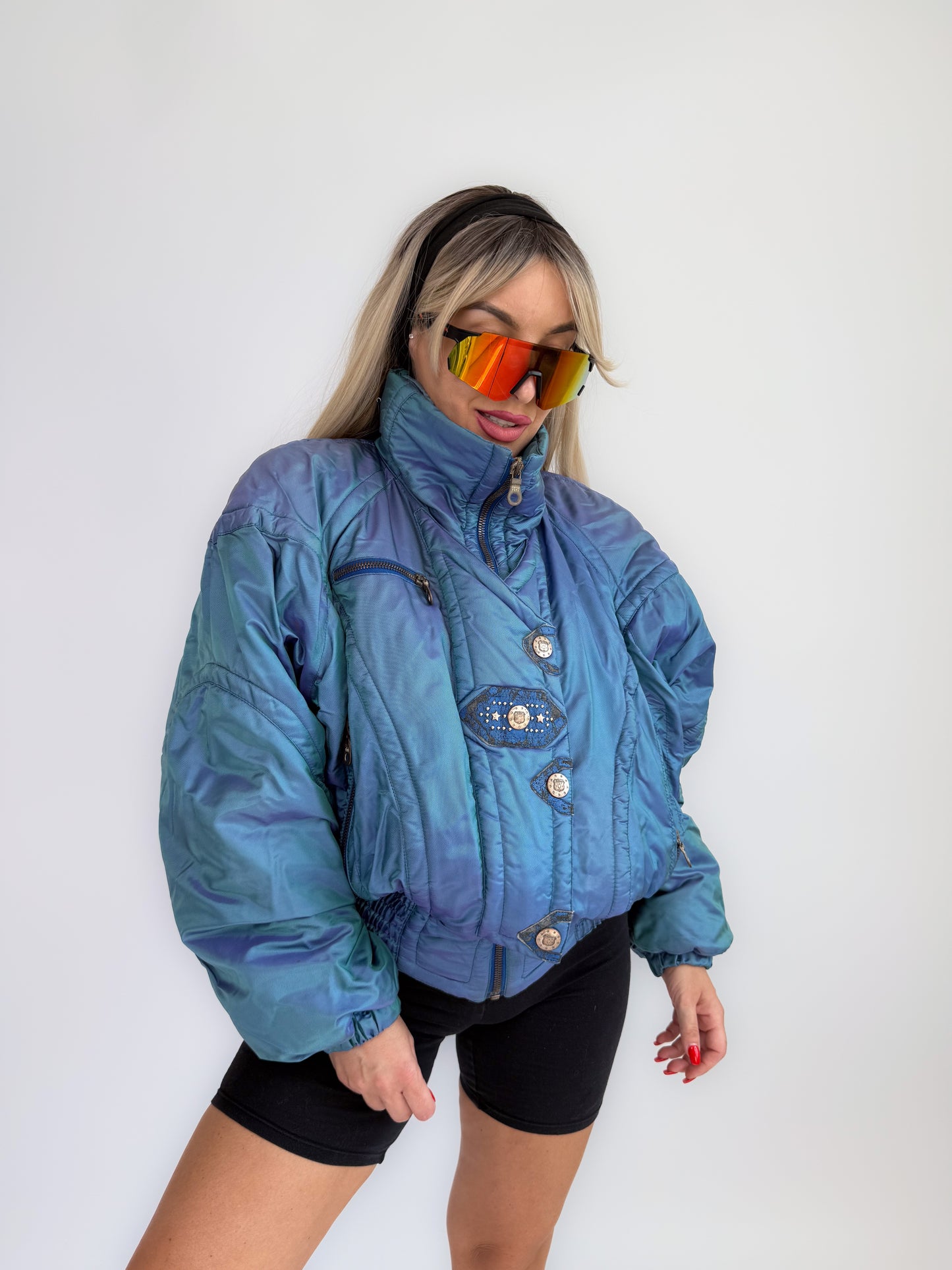 Vintage Kaelin Ski Bomber Jacket – 80s 90s Iridescent Blue Cropped Puffer Coat with Celestial Buttons M-L