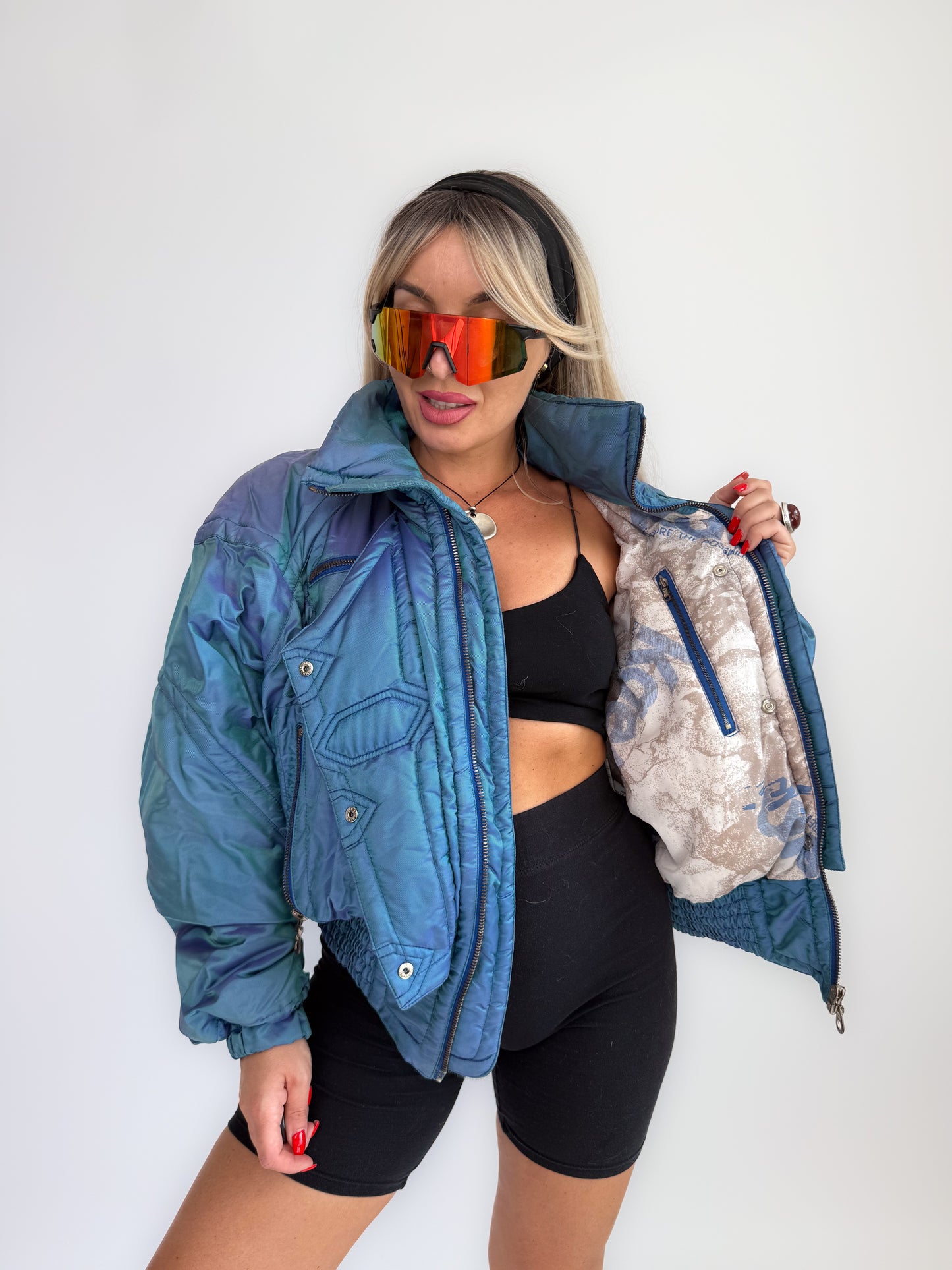 Vintage Kaelin Ski Bomber Jacket – 80s 90s Iridescent Blue Cropped Puffer Coat with Celestial Buttons M-L