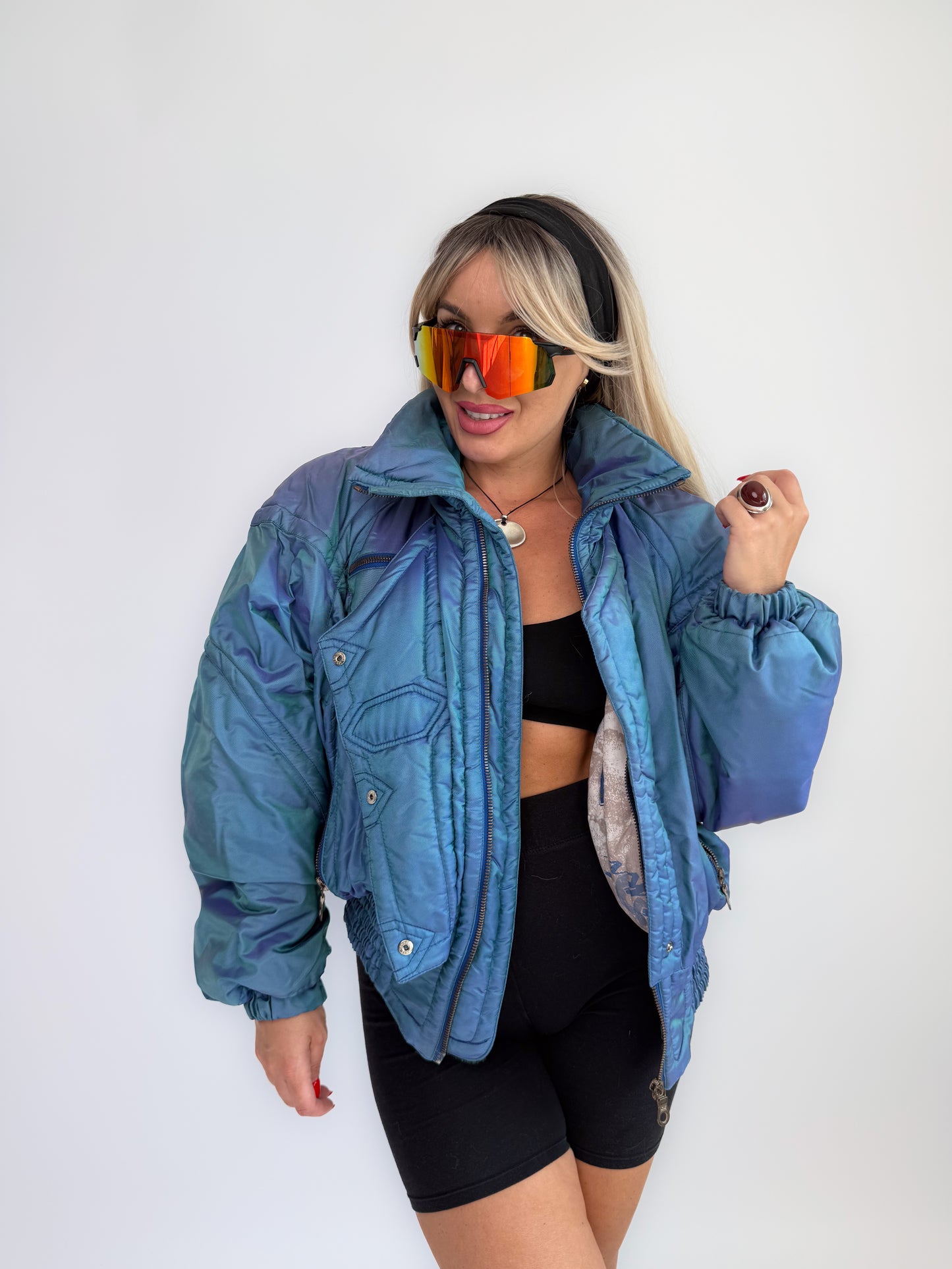 Vintage Kaelin Ski Bomber Jacket – 80s 90s Iridescent Blue Cropped Puffer Coat with Celestial Buttons M-L