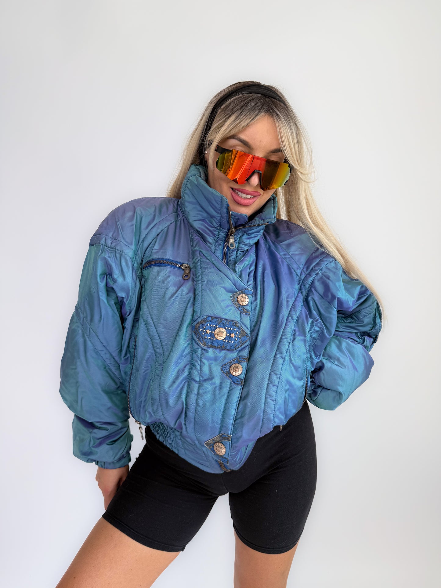 Vintage Kaelin Ski Bomber Jacket – 80s 90s Iridescent Blue Cropped Puffer Coat with Celestial Buttons M-L
