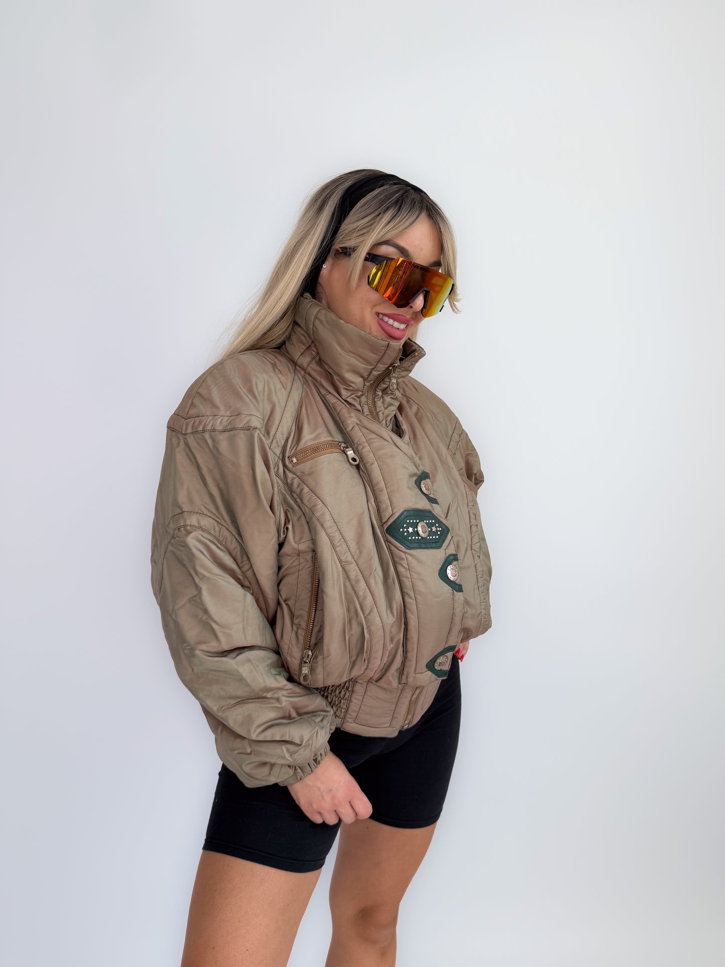 Vintage 90s Kaelin Ski Bomber Jacket Metallic Iridescent Puffer with Logo Snaps S-M