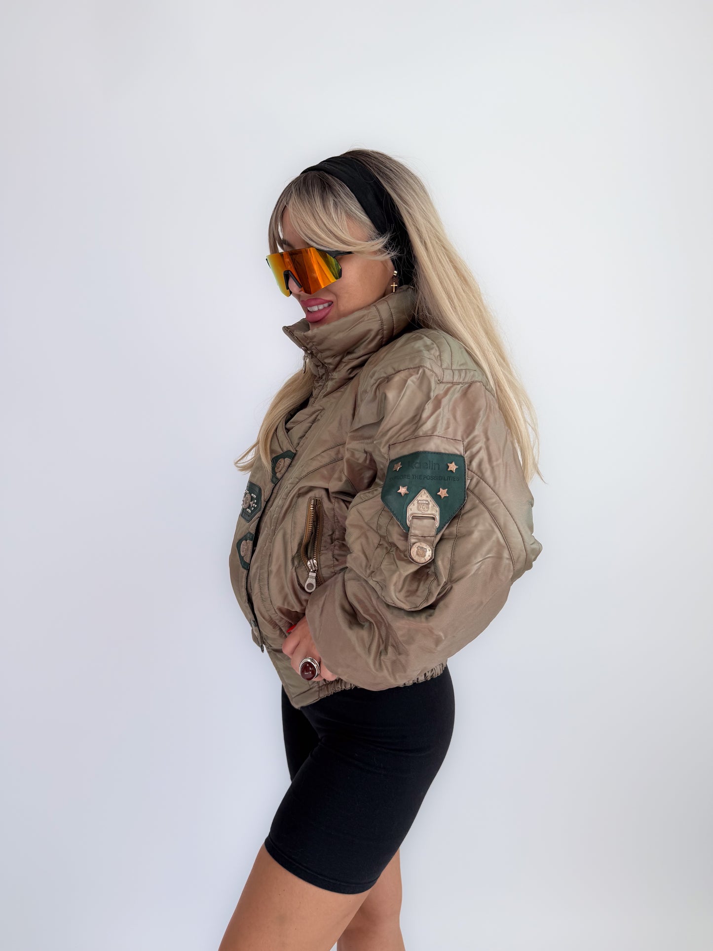 Vintage 90s Kaelin Ski Bomber Jacket Metallic Iridescent Puffer with Logo Snaps S-M