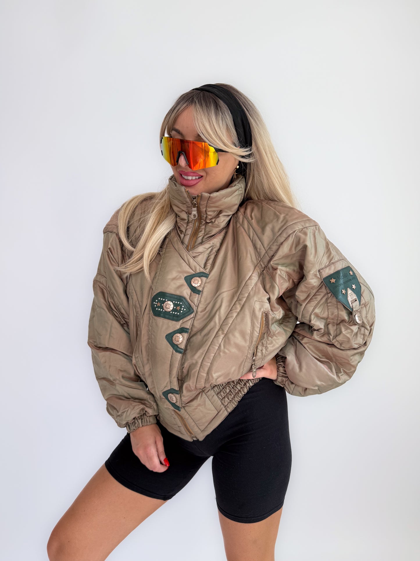 Vintage 90s Kaelin Ski Bomber Jacket Metallic Iridescent Puffer with Logo Snaps S-M