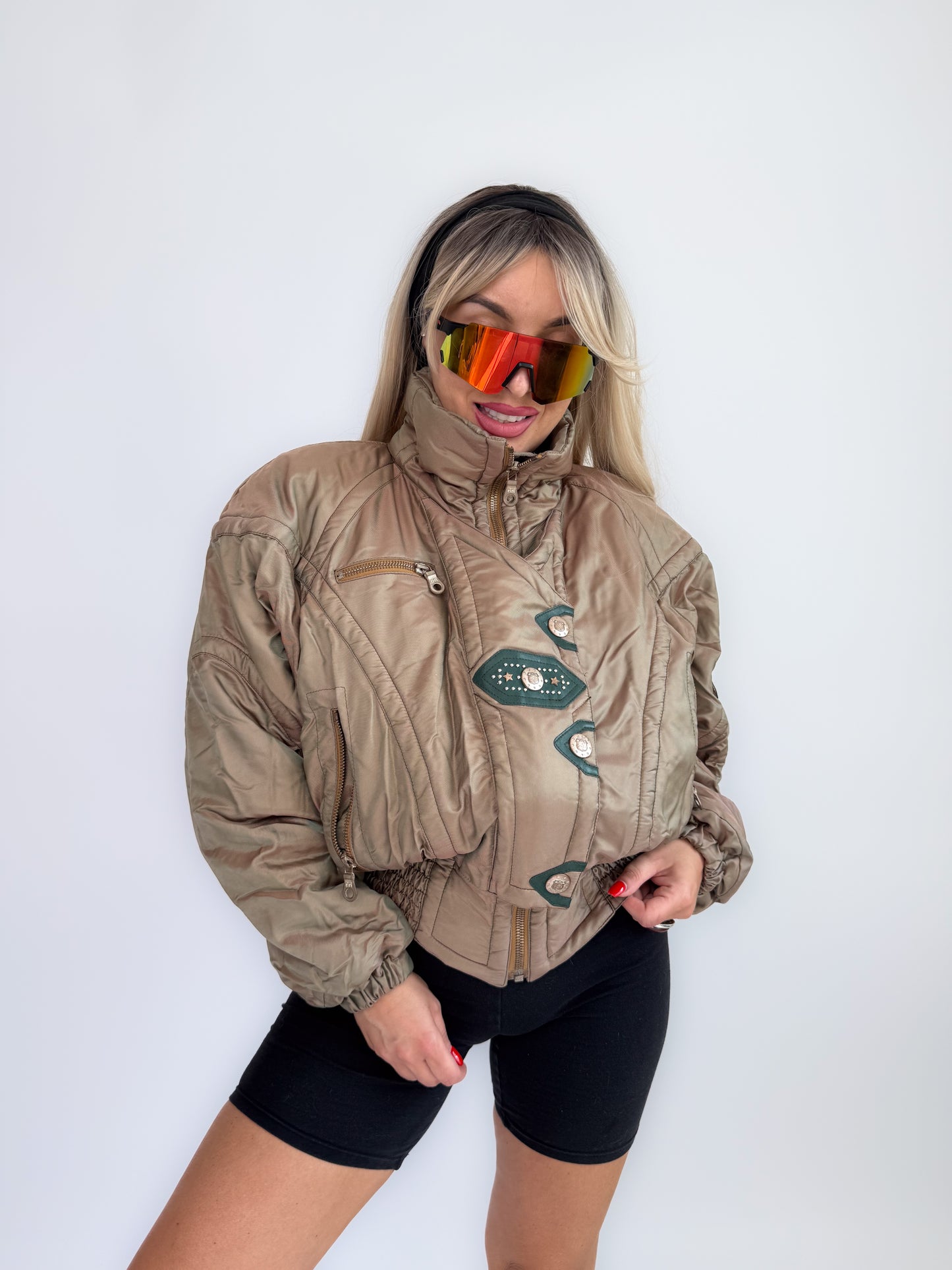 Vintage 90s Kaelin Ski Bomber Jacket Metallic Iridescent Puffer with Logo Snaps S-M