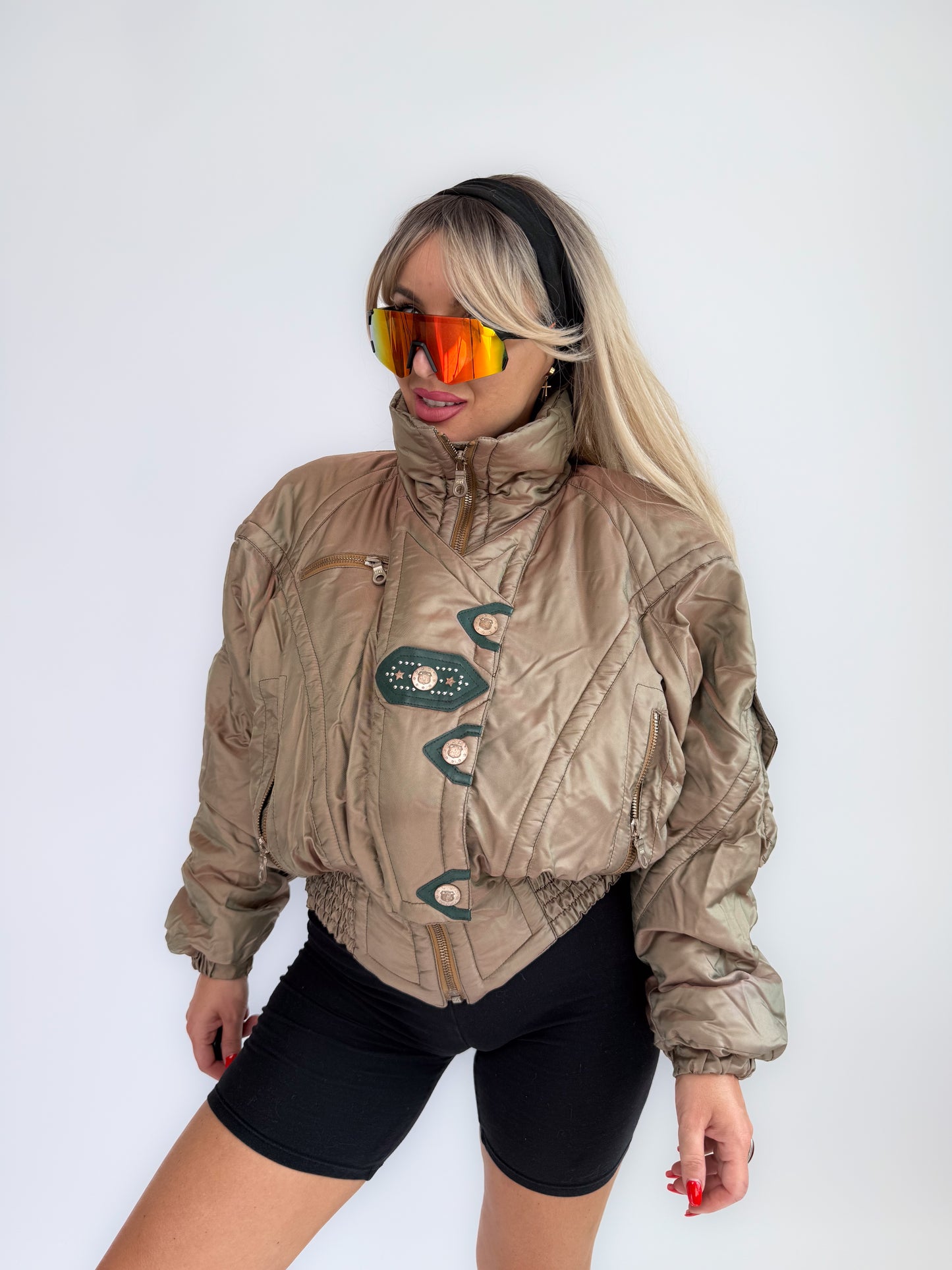 Vintage 90s Kaelin Ski Bomber Jacket Metallic Iridescent Puffer with Logo Snaps S-M