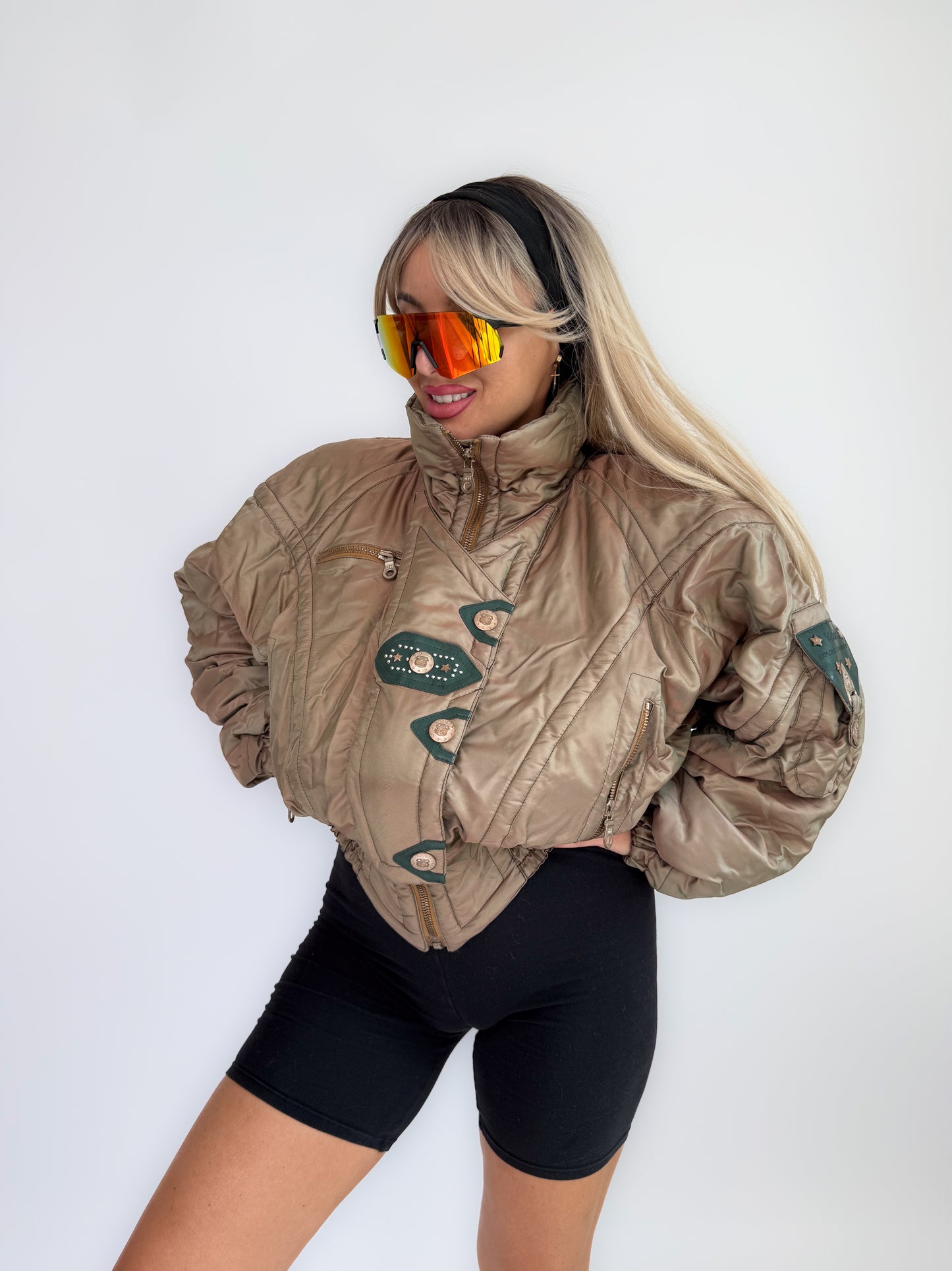 Vintage 90s Kaelin Ski Bomber Jacket Metallic Iridescent Puffer with Logo Snaps S-M