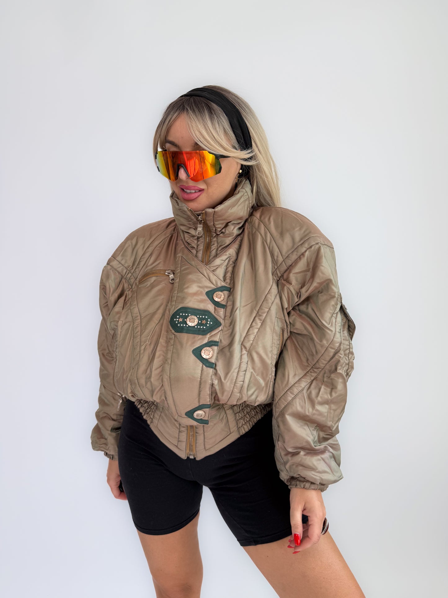 Vintage 90s Kaelin Ski Bomber Jacket Metallic Iridescent Puffer with Logo Snaps S-M