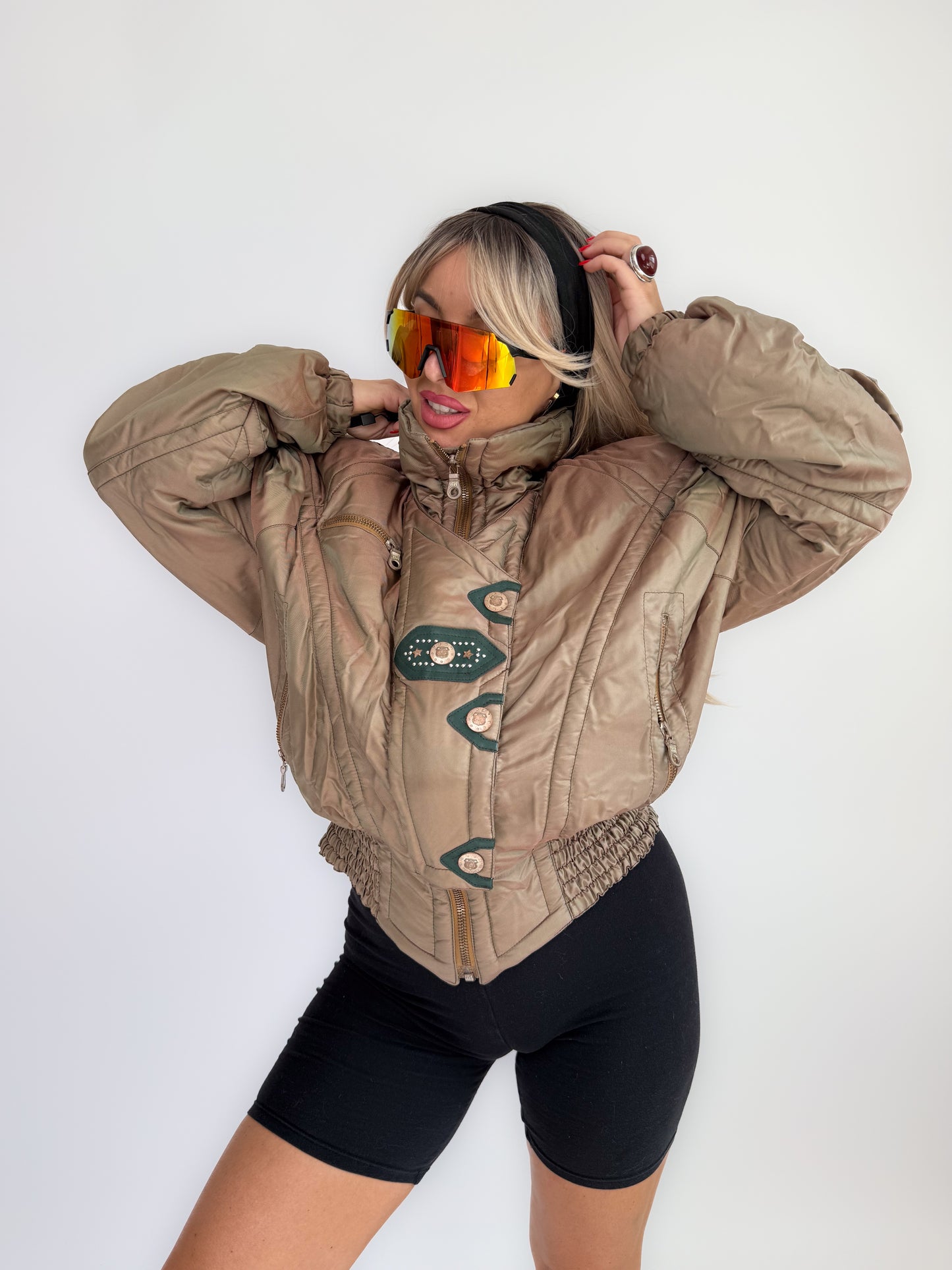 Vintage 90s Kaelin Ski Bomber Jacket Metallic Iridescent Puffer with Logo Snaps S-M