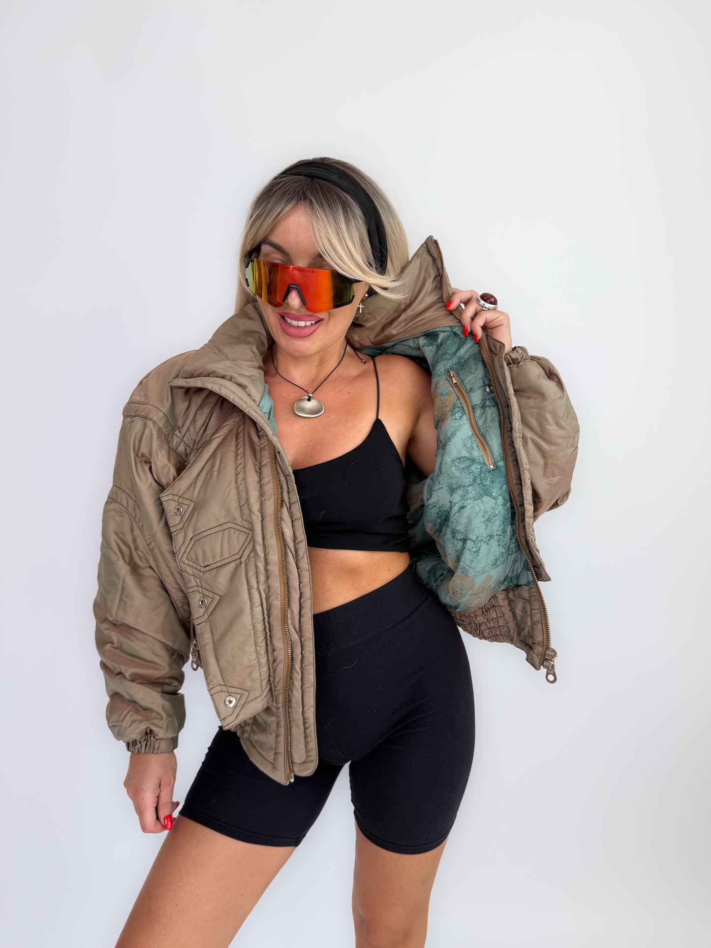 Vintage 90s Kaelin Ski Bomber Jacket Metallic Iridescent Puffer with Logo Snaps S-M