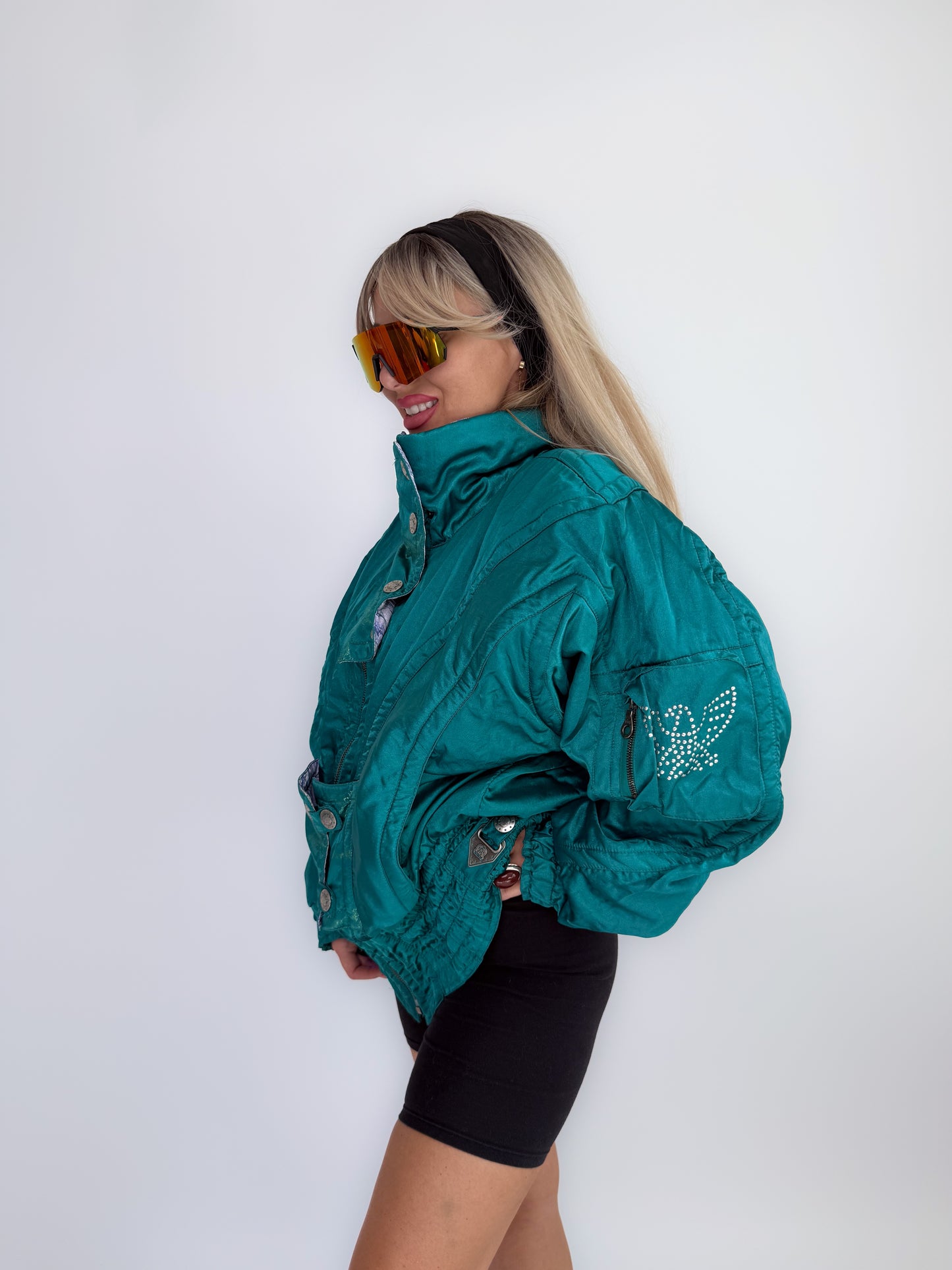 Vintage 90s Ski Puffer Bomber Neon Jacket – Retro Snow Bunny Vibes Winter Coat L-XL