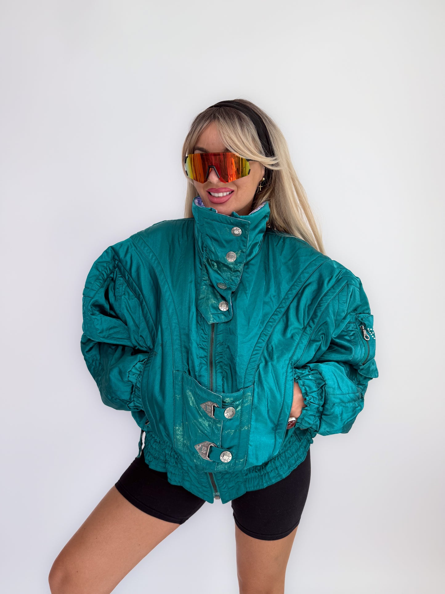 Vintage 90s Ski Puffer Bomber Neon Jacket – Retro Snow Bunny Vibes Winter Coat L-XL