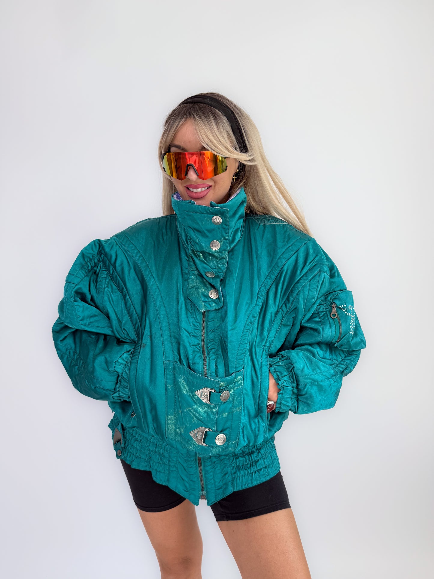 Vintage 90s Ski Puffer Bomber Neon Jacket – Retro Snow Bunny Vibes Winter Coat L-XL