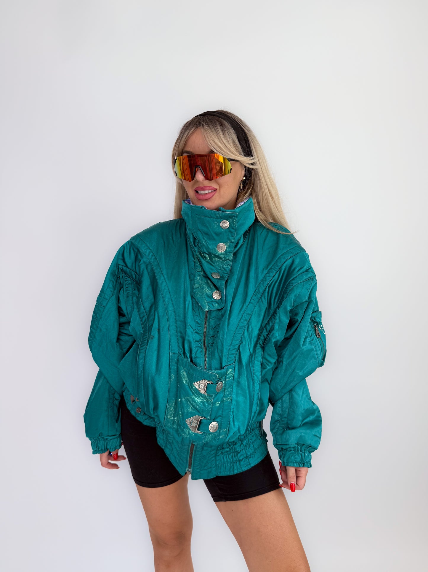 Vintage 90s Ski Puffer Bomber Neon Jacket – Retro Snow Bunny Vibes Winter Coat L-XL