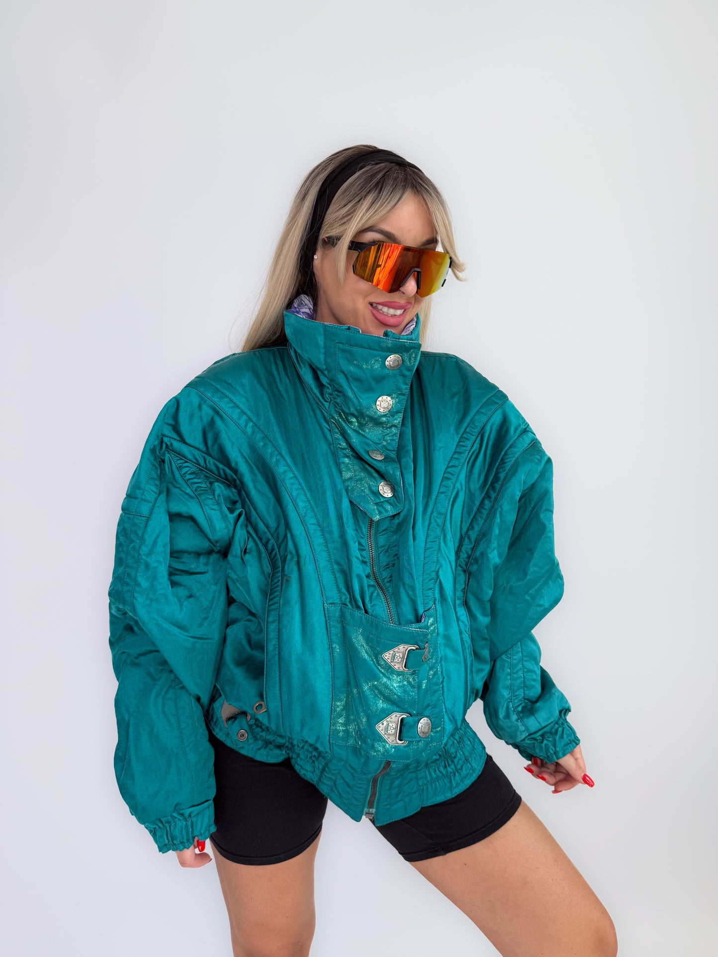 Vintage 90s Ski Puffer Bomber Neon Jacket – Retro Snow Bunny Vibes Winter Coat L-XL