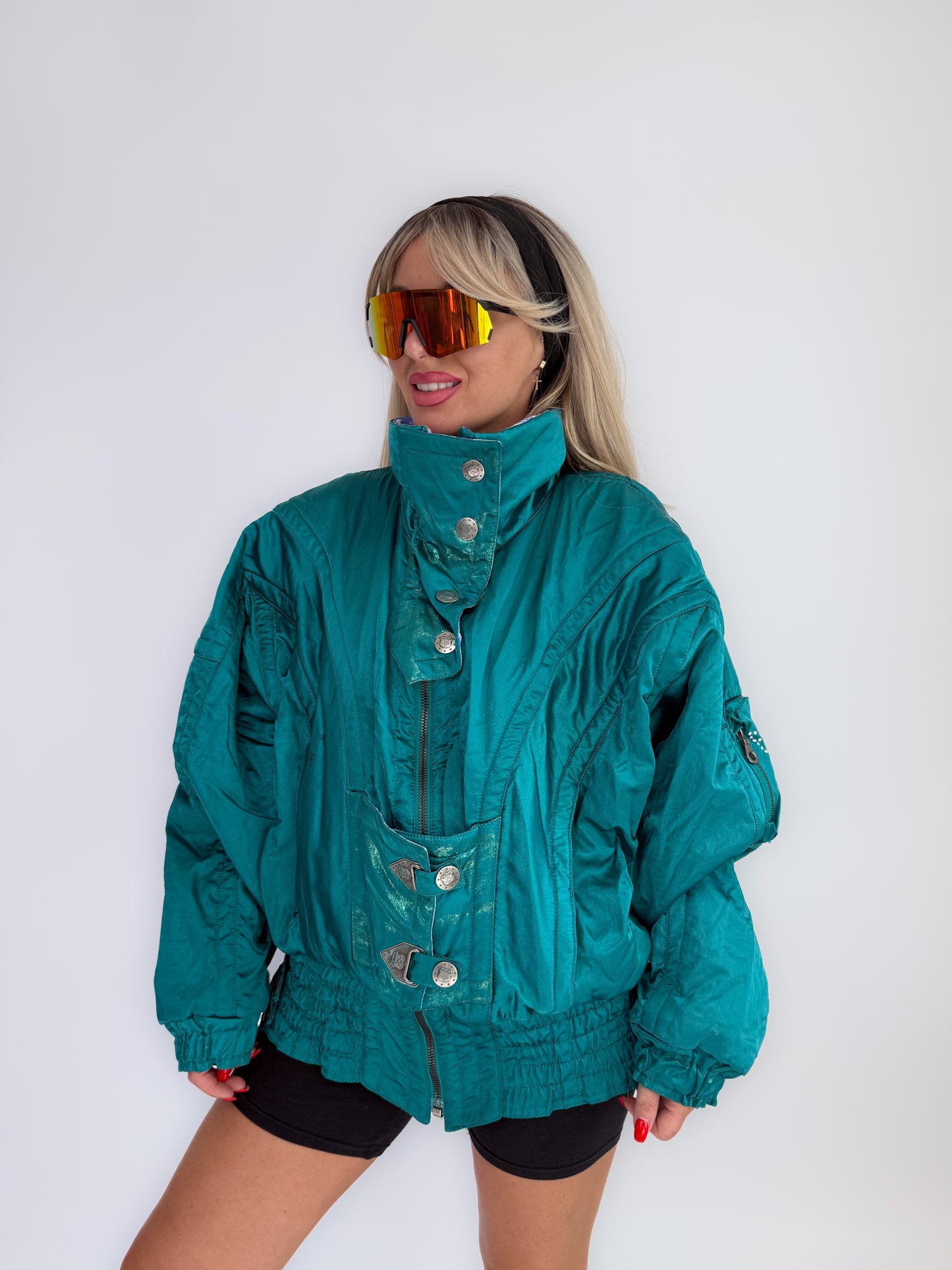 Vintage 90s Ski Puffer Bomber Neon Jacket – Retro Snow Bunny Vibes Winter Coat L-XL