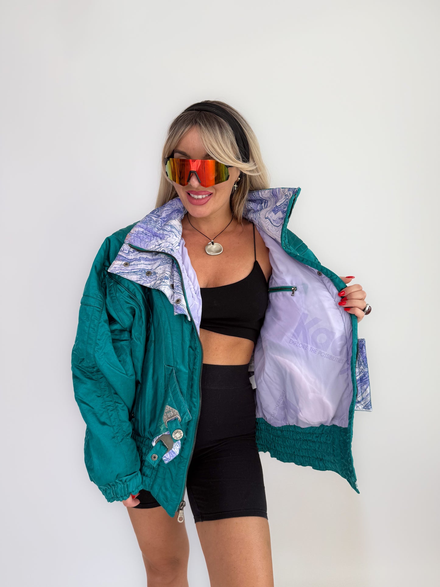 Vintage 90s Ski Puffer Bomber Neon Jacket – Retro Snow Bunny Vibes Winter Coat L-XL