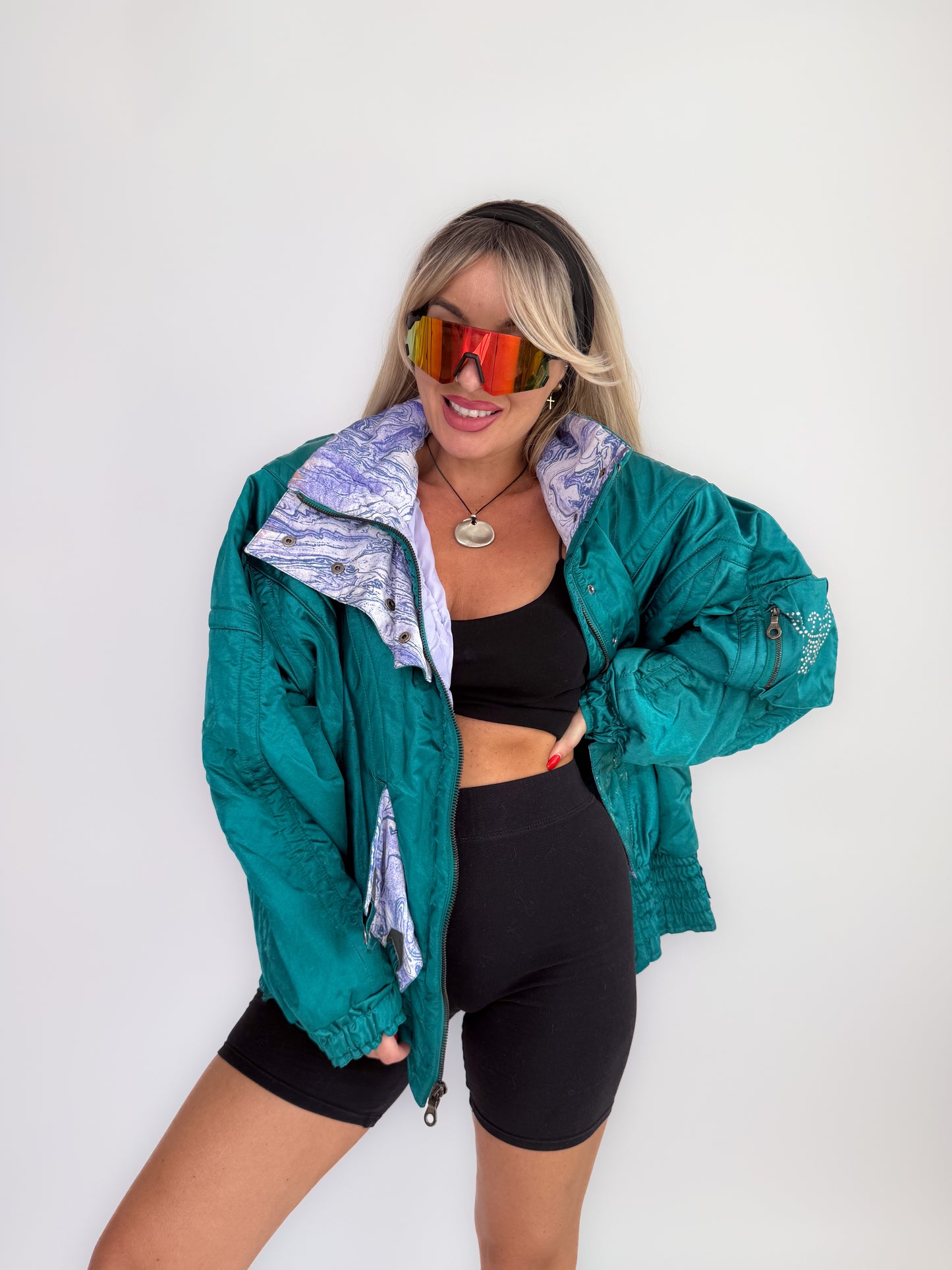Vintage 90s Ski Puffer Bomber Neon Jacket – Retro Snow Bunny Vibes Winter Coat L-XL