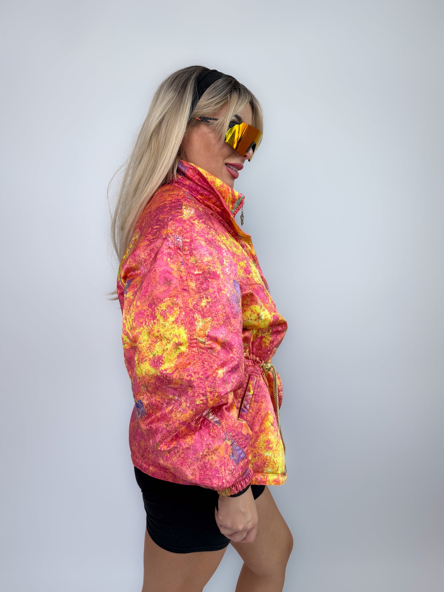 Vintage 90s Neon Tie Dye Ski Caot – Pink Yellow Cinched Waist Puffer Jacket S-M