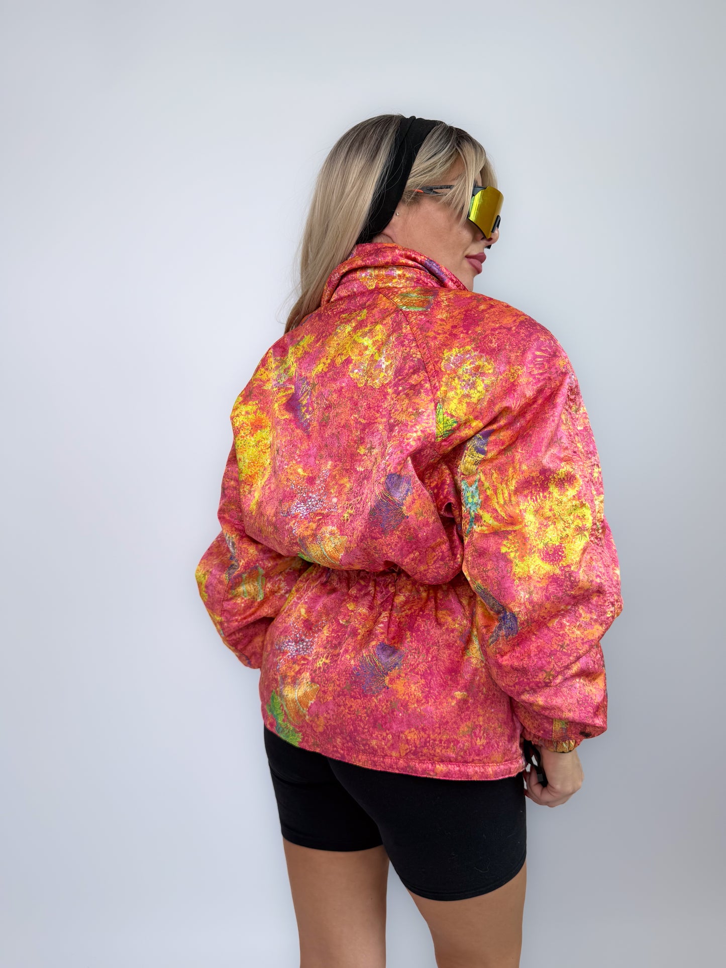 Vintage 90s Neon Tie Dye Ski Caot – Pink Yellow Cinched Waist Puffer Jacket S-M