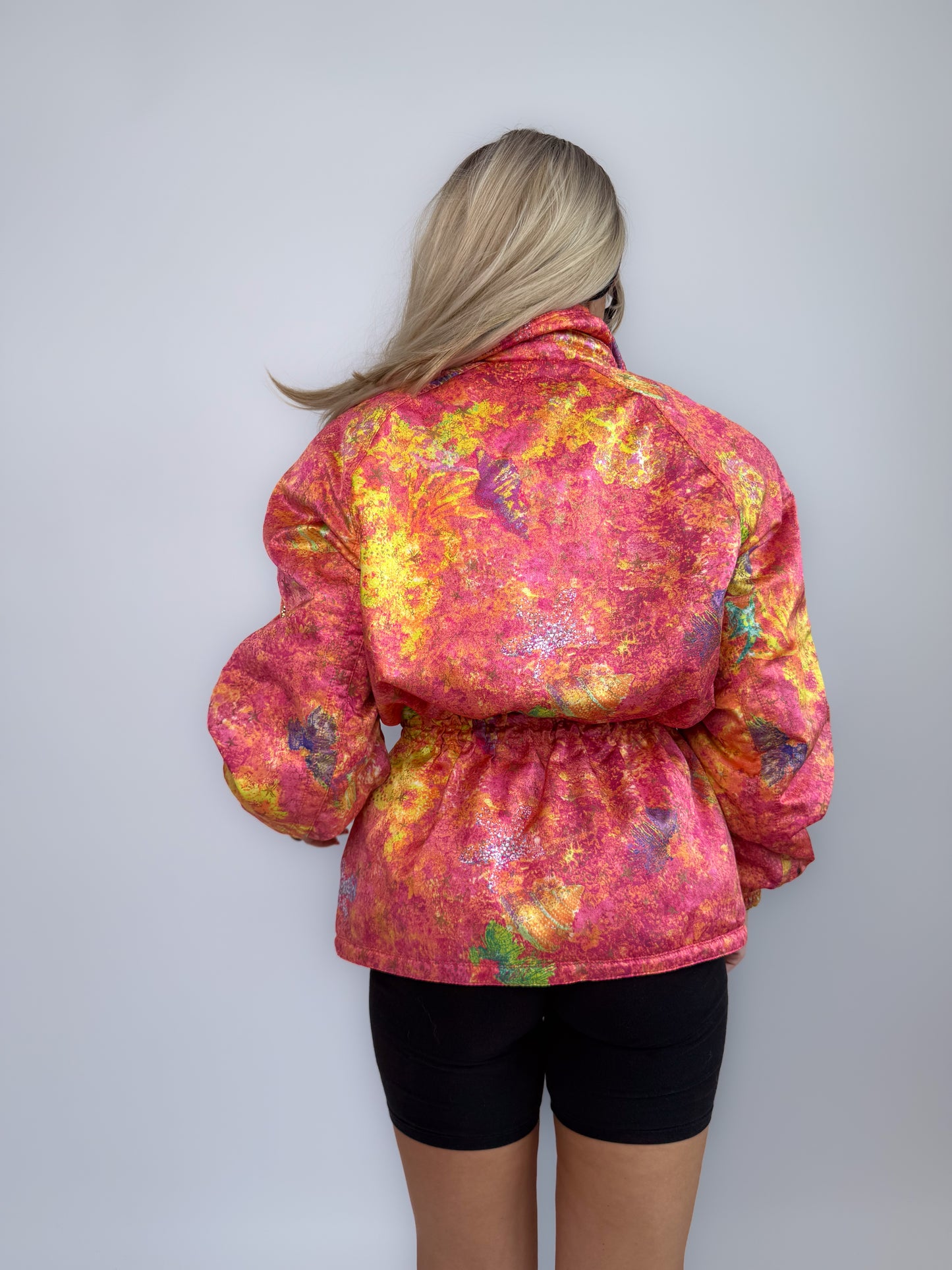 Vintage 90s Neon Tie Dye Ski Caot – Pink Yellow Cinched Waist Puffer Jacket S-M