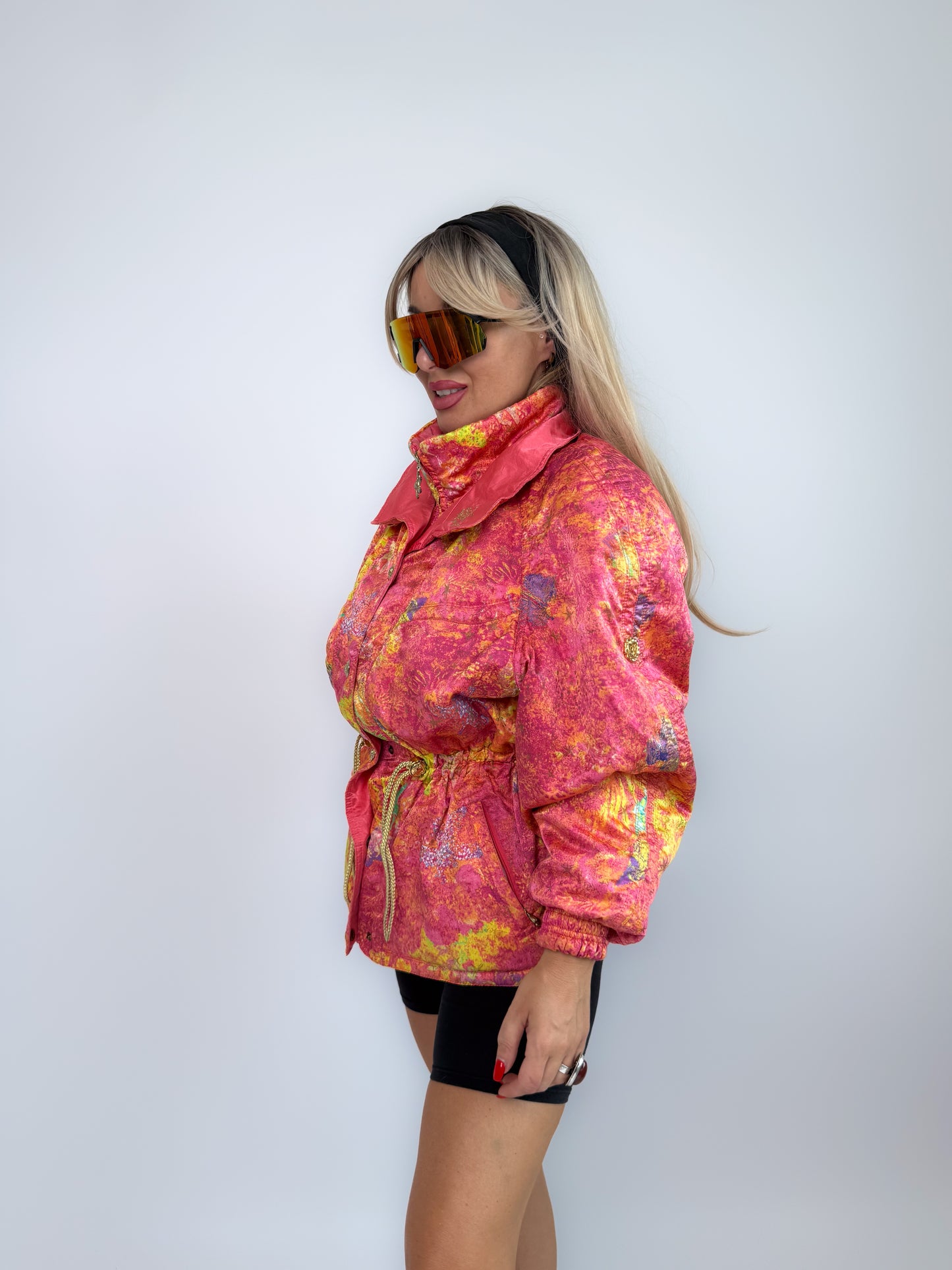 Vintage 90s Neon Tie Dye Ski Caot – Pink Yellow Cinched Waist Puffer Jacket S-M