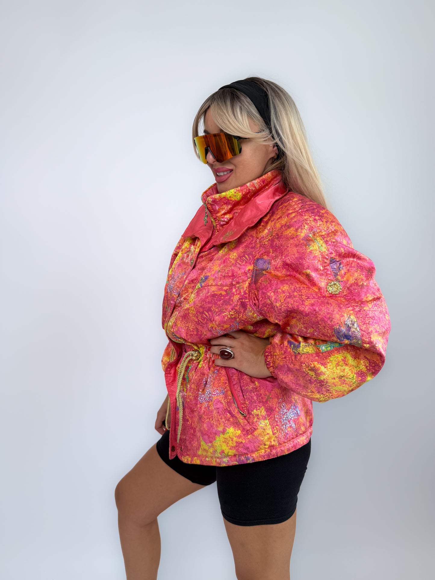 Vintage 90s Neon Tie Dye Ski Caot – Pink Yellow Cinched Waist Puffer Jacket S-M