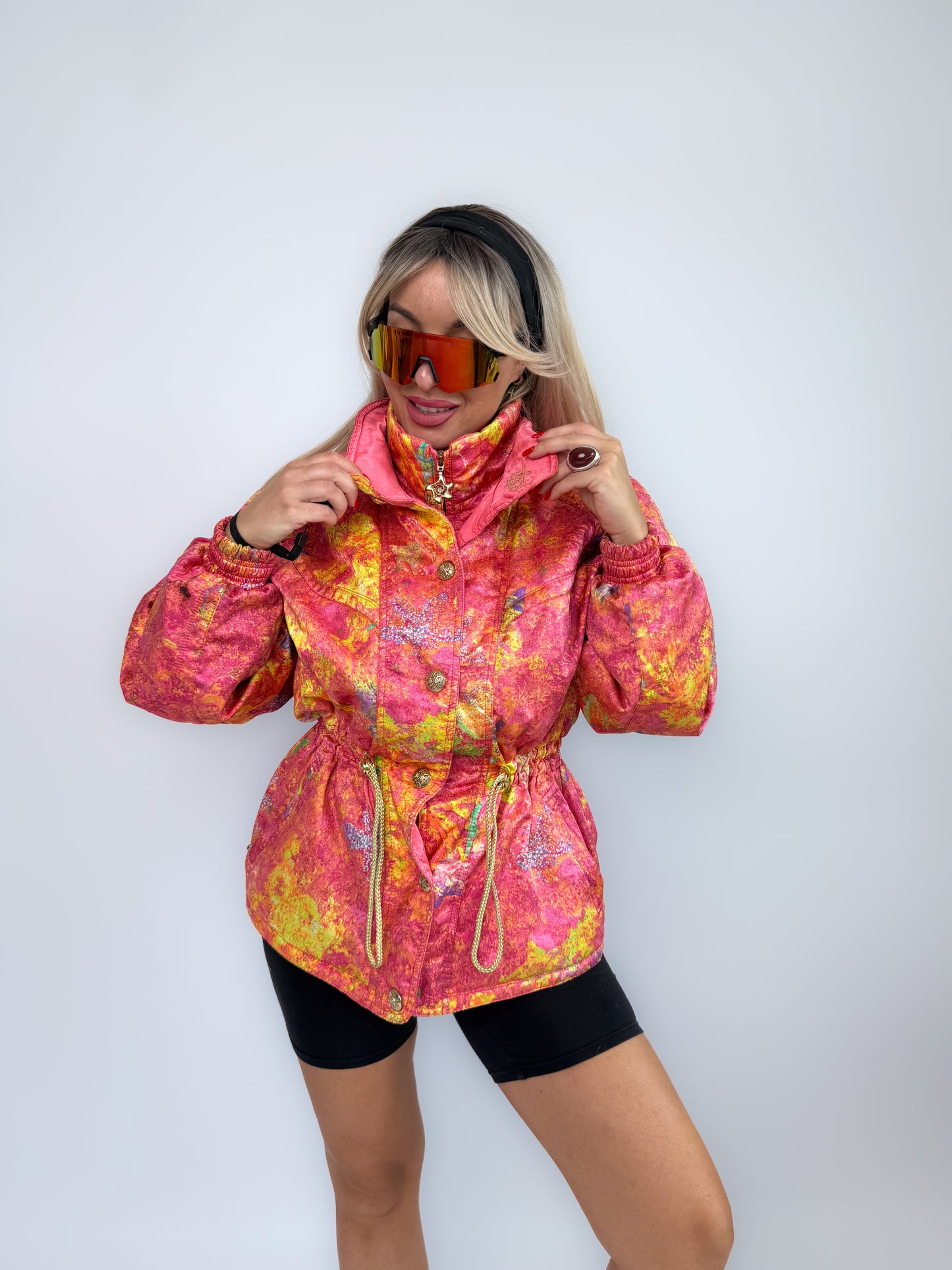 Vintage 90s Neon Tie Dye Ski Caot – Pink Yellow Cinched Waist Puffer Jacket S-M